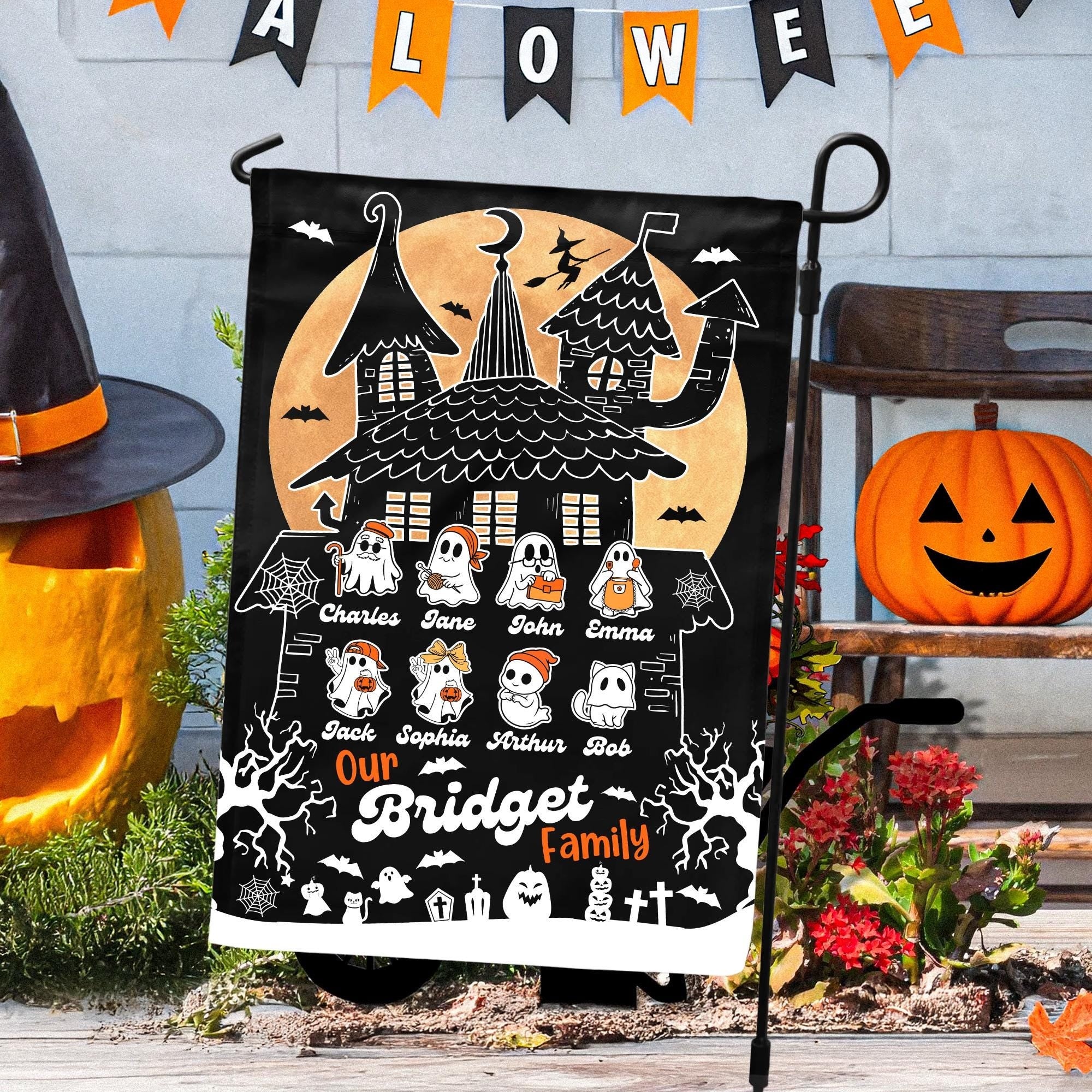 Personalized Halloween Family Garden Flag, Custom Ghost with Kids names Yard Flag For Outdoor Decor, Custom Gifts For Halloween