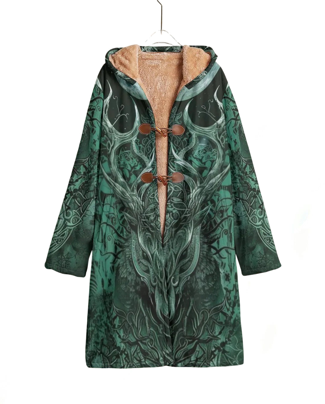 Viking Cloak with Antler Design – Warm Fleece Lined Cloak, Norse Mythology Inspired, Medieval Fantasy Cosplay, Winter Hooded Coat