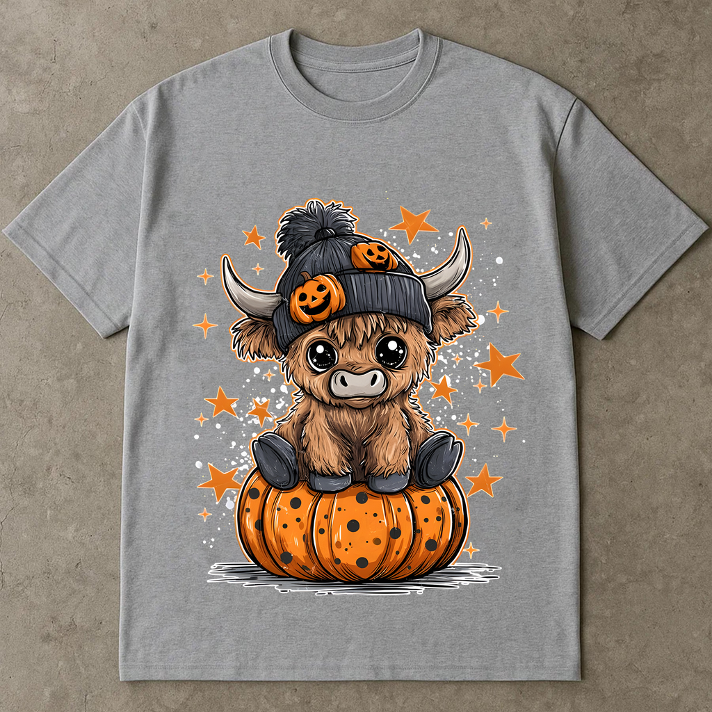 Cute Highland Cow Halloween T-Shirt, Pumpkin Hat Fall Tee, Kawaii Cow Shirt, Funny Autumn Animal Graphic Tee, Spooky Season Shirt