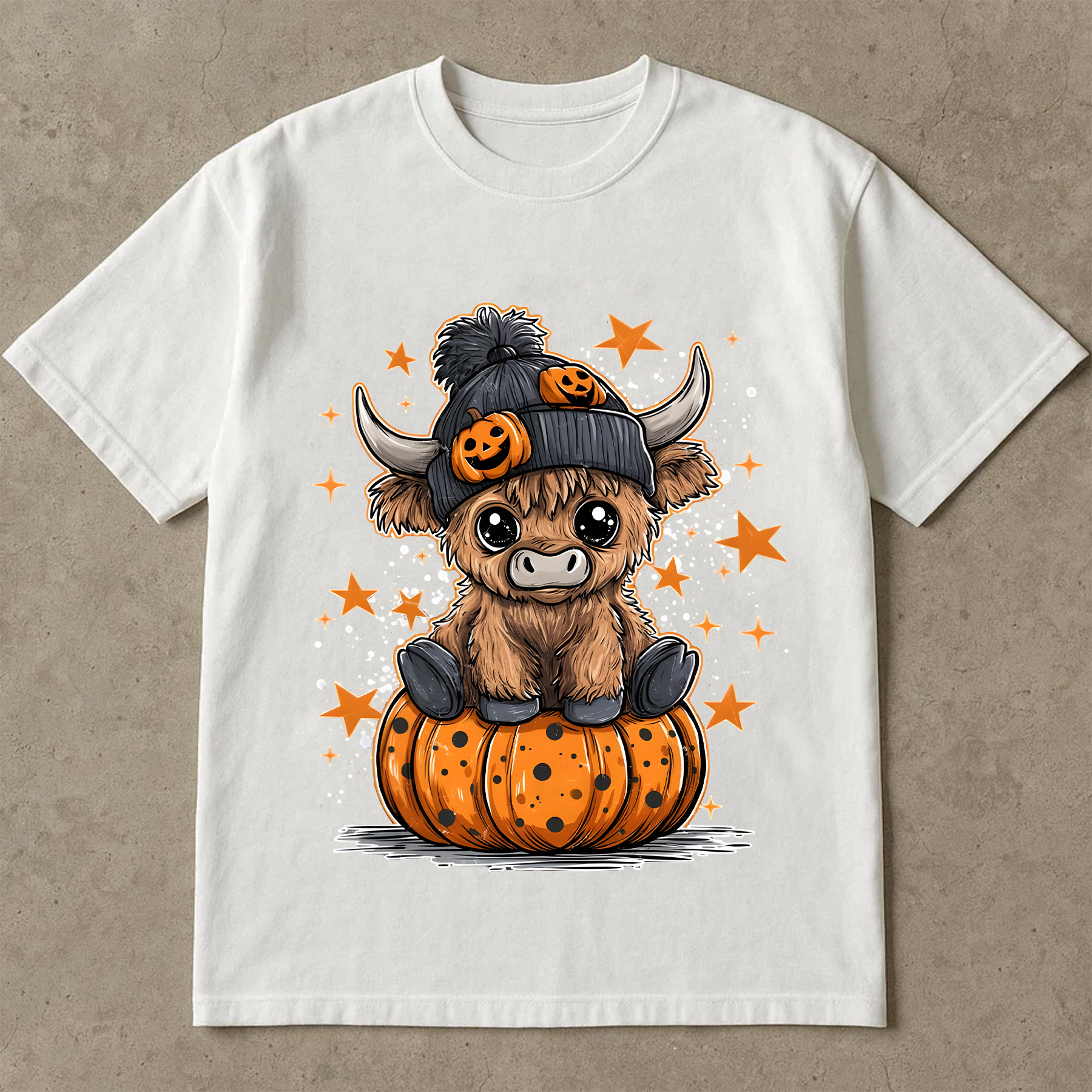 Cute Highland Cow Halloween T-Shirt, Pumpkin Hat Fall Tee, Kawaii Cow Shirt, Funny Autumn Animal Graphic Tee, Spooky Season Shirt