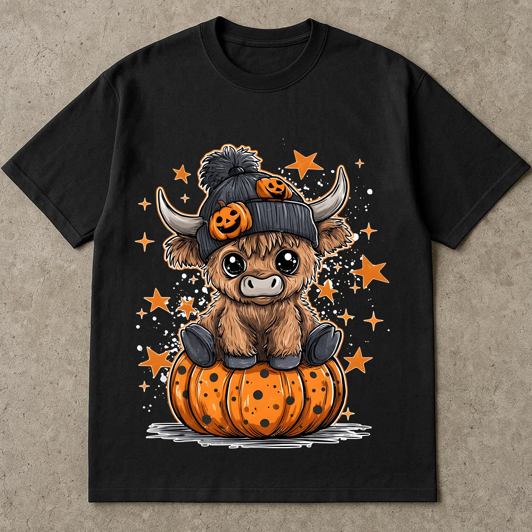 Cute Highland Cow Halloween T-Shirt, Pumpkin Hat Fall Tee, Kawaii Cow Shirt, Funny Autumn Animal Graphic Tee, Spooky Season Shirt