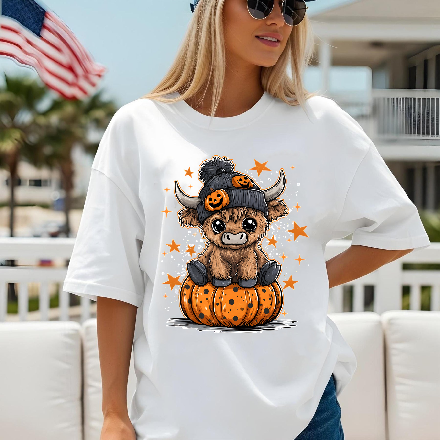 Cute Highland Cow Halloween T-Shirt, Pumpkin Hat Fall Tee, Kawaii Cow Shirt, Funny Autumn Animal Graphic Tee, Spooky Season Shirt
