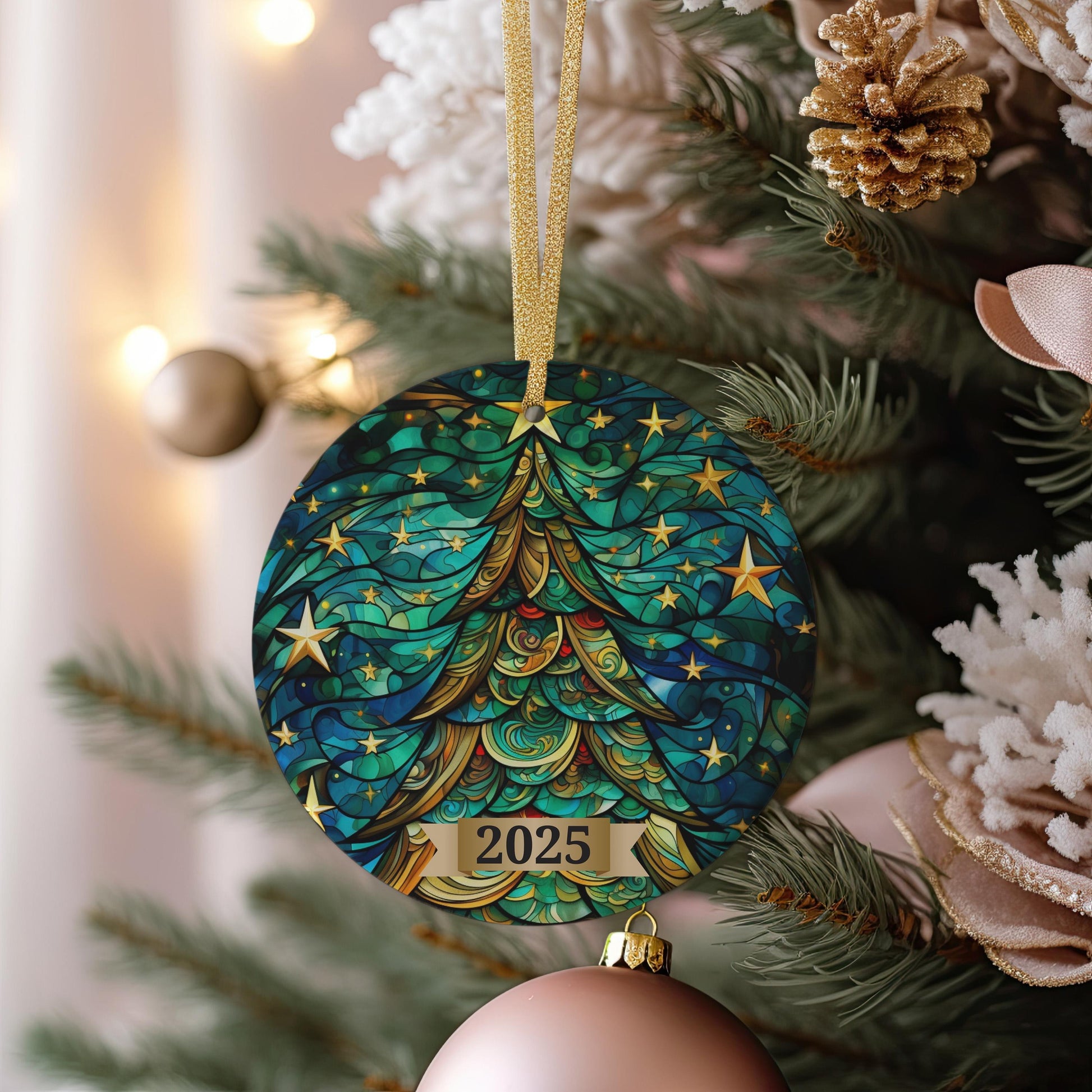 Christmas Tree Ornament 2025, Stained Glass Holiday Decoration, Elegant Keepsake Gift for Family, Coworkers, Friends