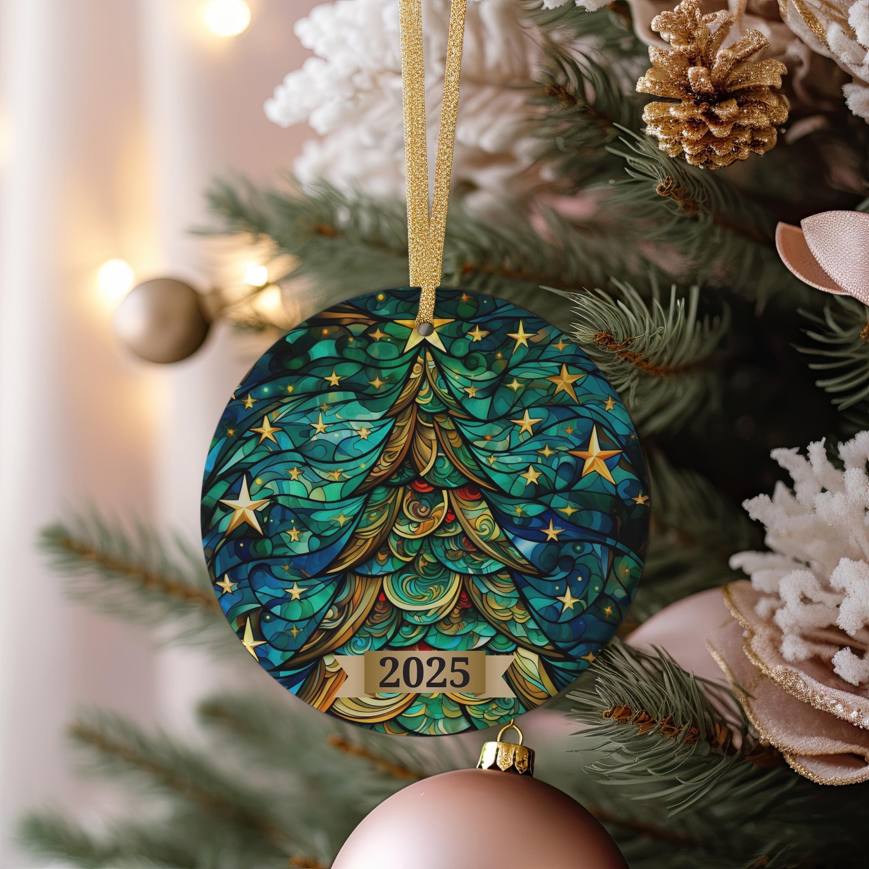 Christmas Tree Ornament 2025, Stained Glass Holiday Decoration, Elegant Keepsake Gift for Family, Coworkers, Friends