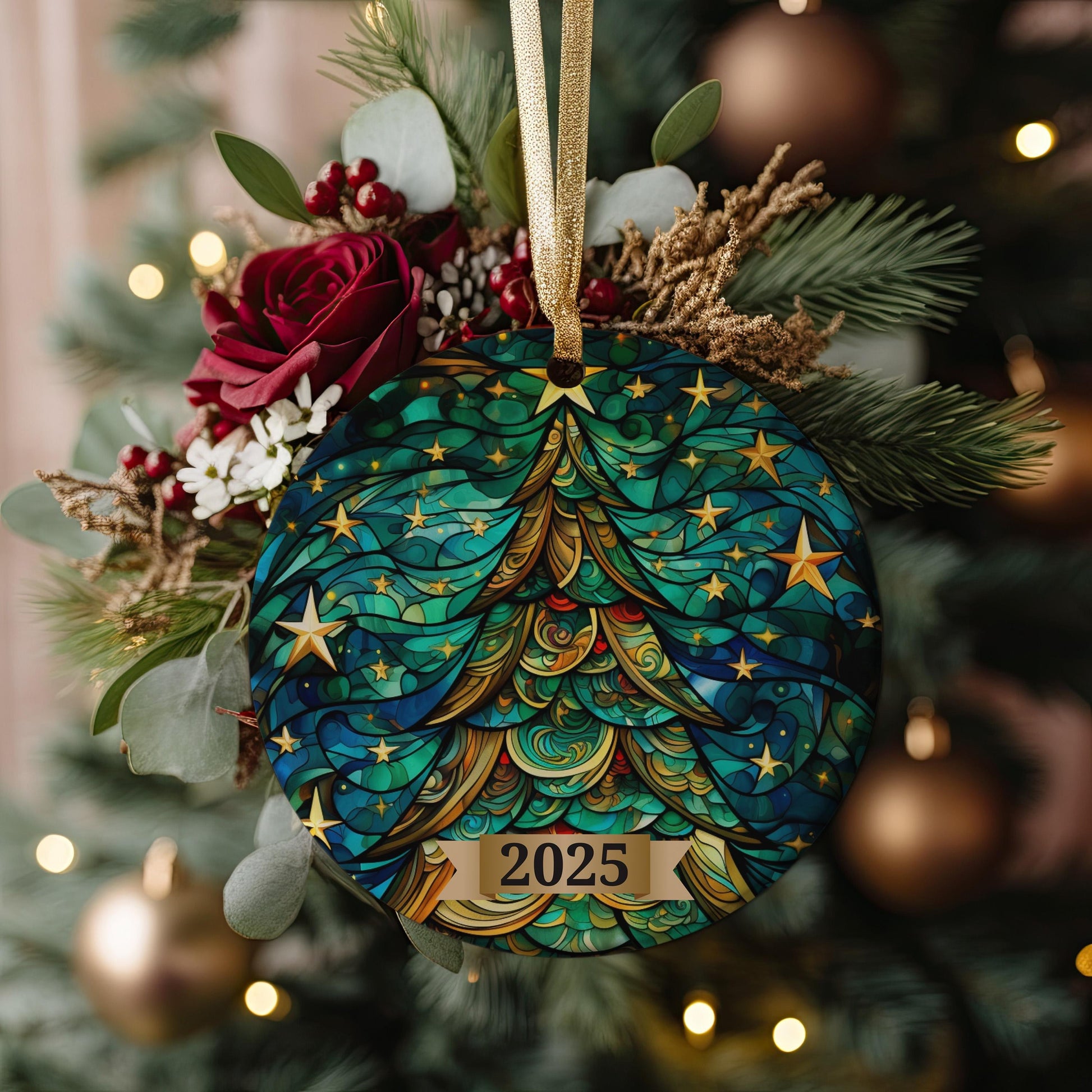 Christmas Tree Ornament 2025, Stained Glass Holiday Decoration, Elegant Keepsake Gift for Family, Coworkers, Friends