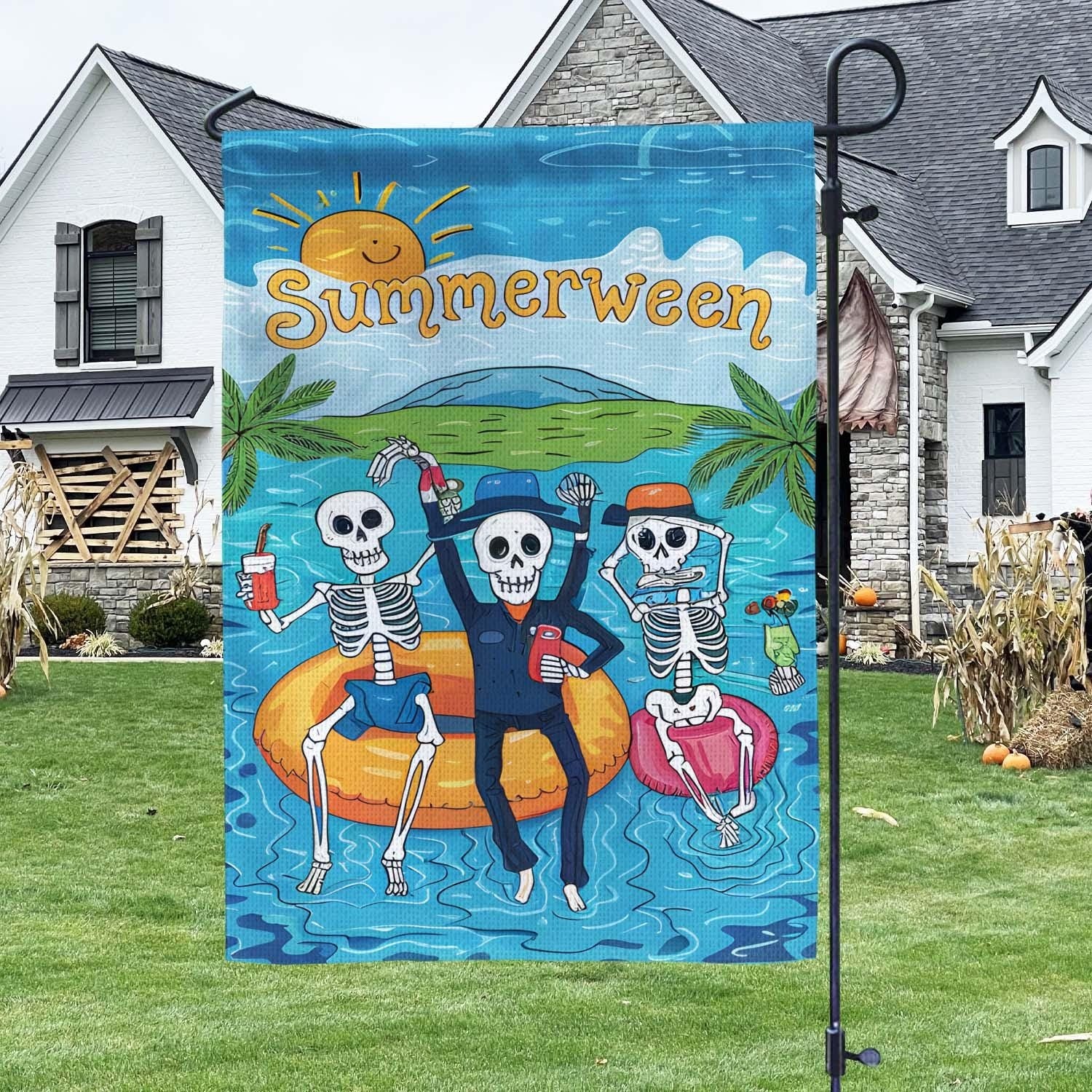 Personalized Halloween Flag, Funny Summerween Skeleton Garden Flag, Halloween in Summer Yard Decor, Beach Skeleton Outdoor Banner