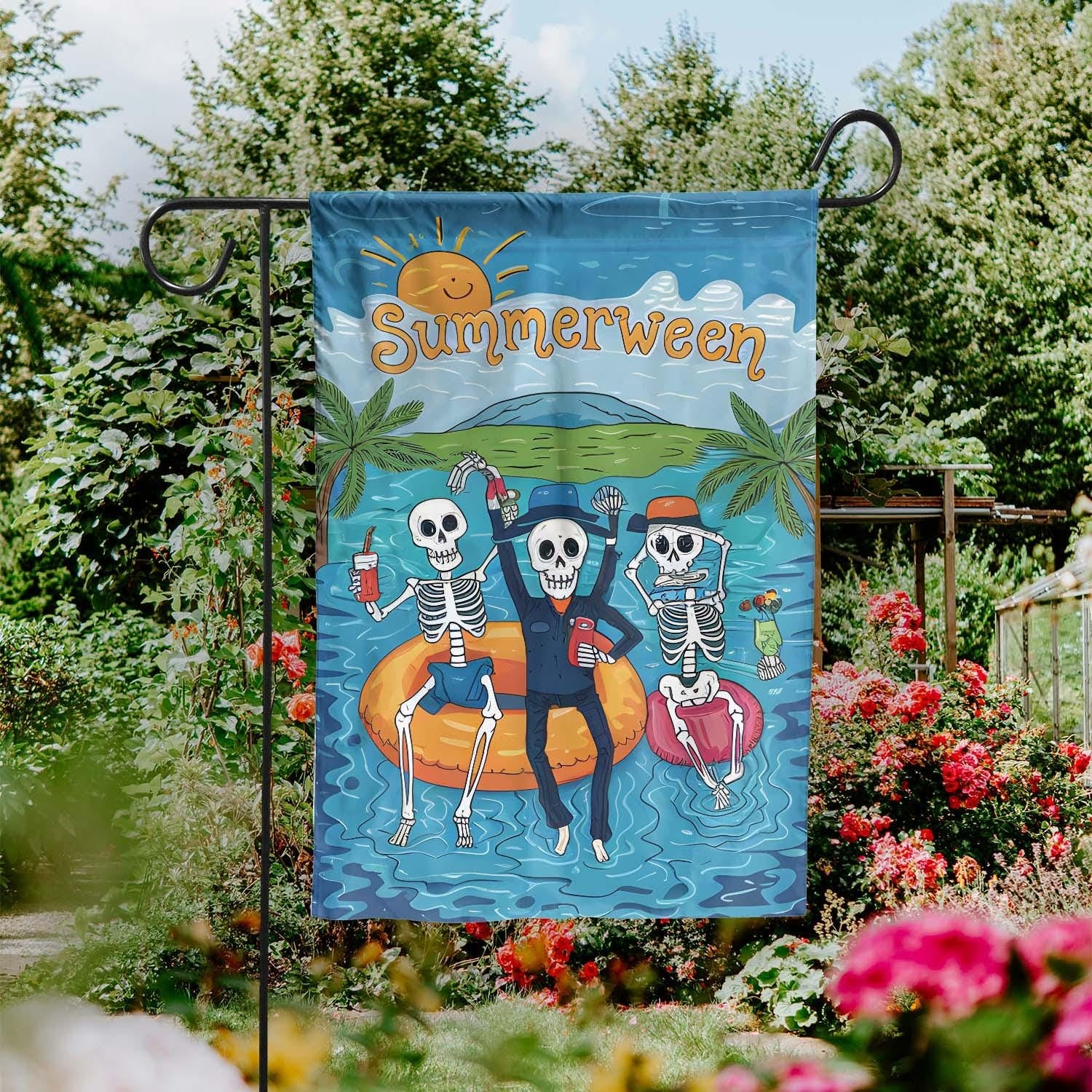 Personalized Halloween Flag, Funny Summerween Skeleton Garden Flag, Halloween in Summer Yard Decor, Beach Skeleton Outdoor Banner