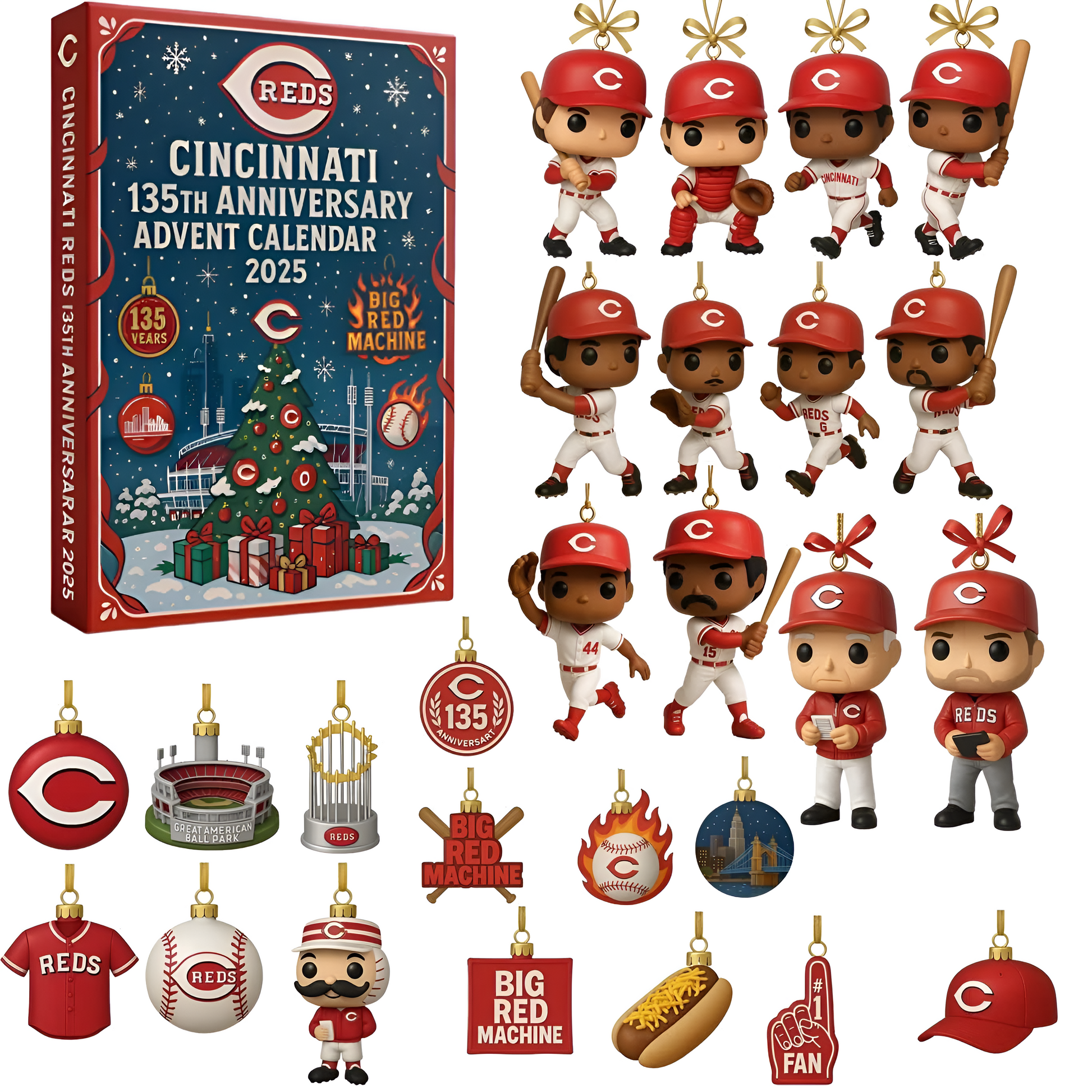 Cincinnati Reds 135th Anniversary Advent Calendar 2025, Baseball Mini Figures Gift Set, MLB Christmas Countdown Box, Reds Fan Holiday Decor