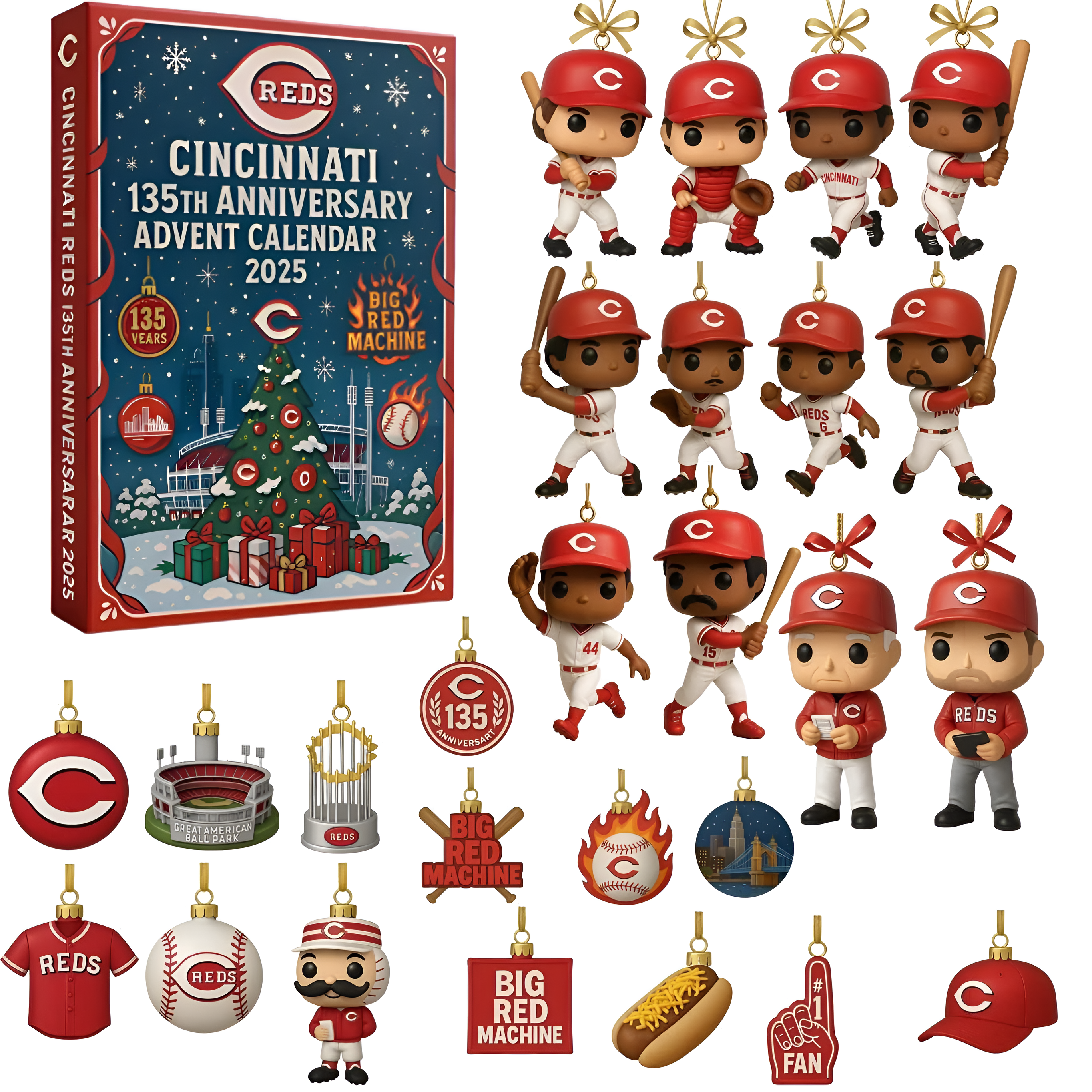 Cincinnati Reds 135th Anniversary Advent Calendar 2025, Baseball Mini Figures Gift Set, MLB Christmas Countdown Box, Reds Fan Holiday Decor