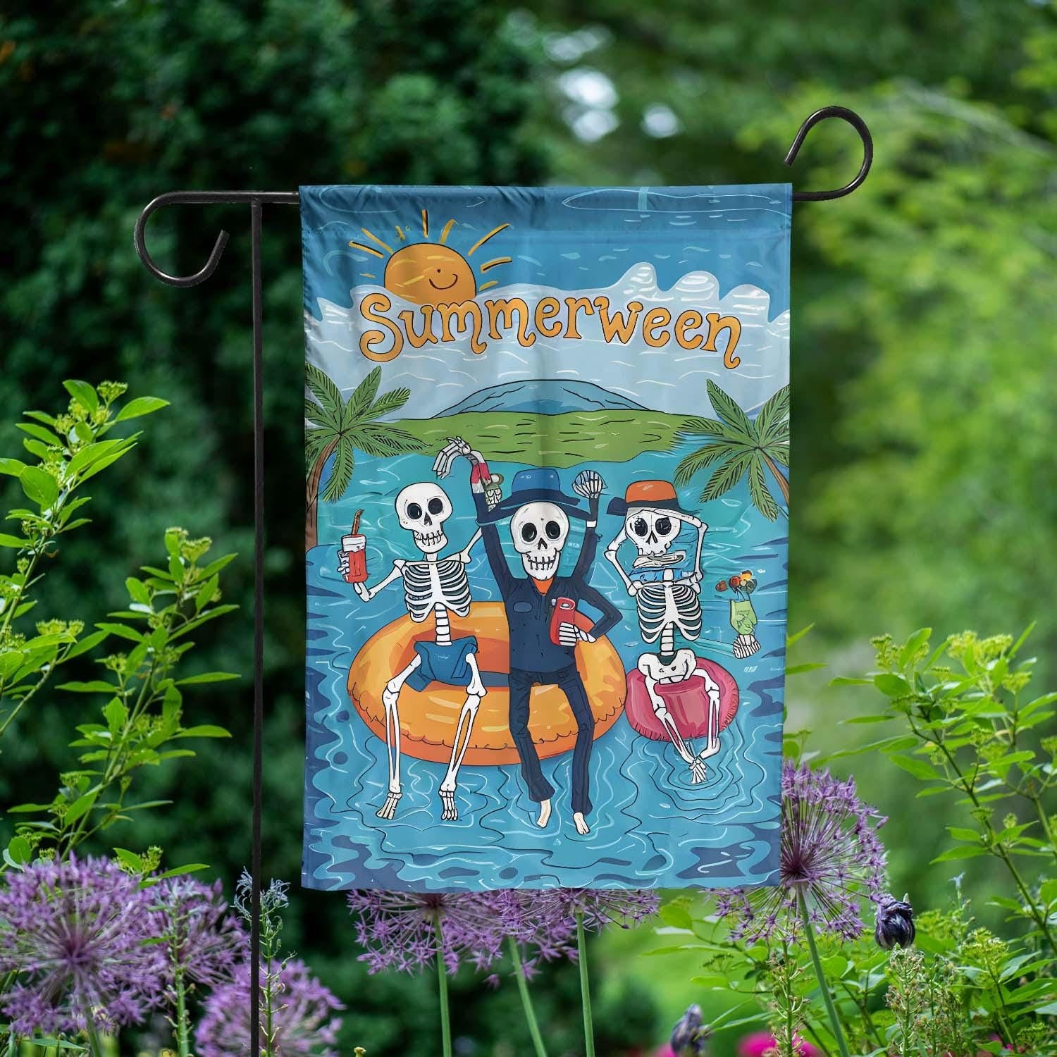 Personalized Halloween Flag, Funny Summerween Skeleton Garden Flag, Halloween in Summer Yard Decor, Beach Skeleton Outdoor Banner