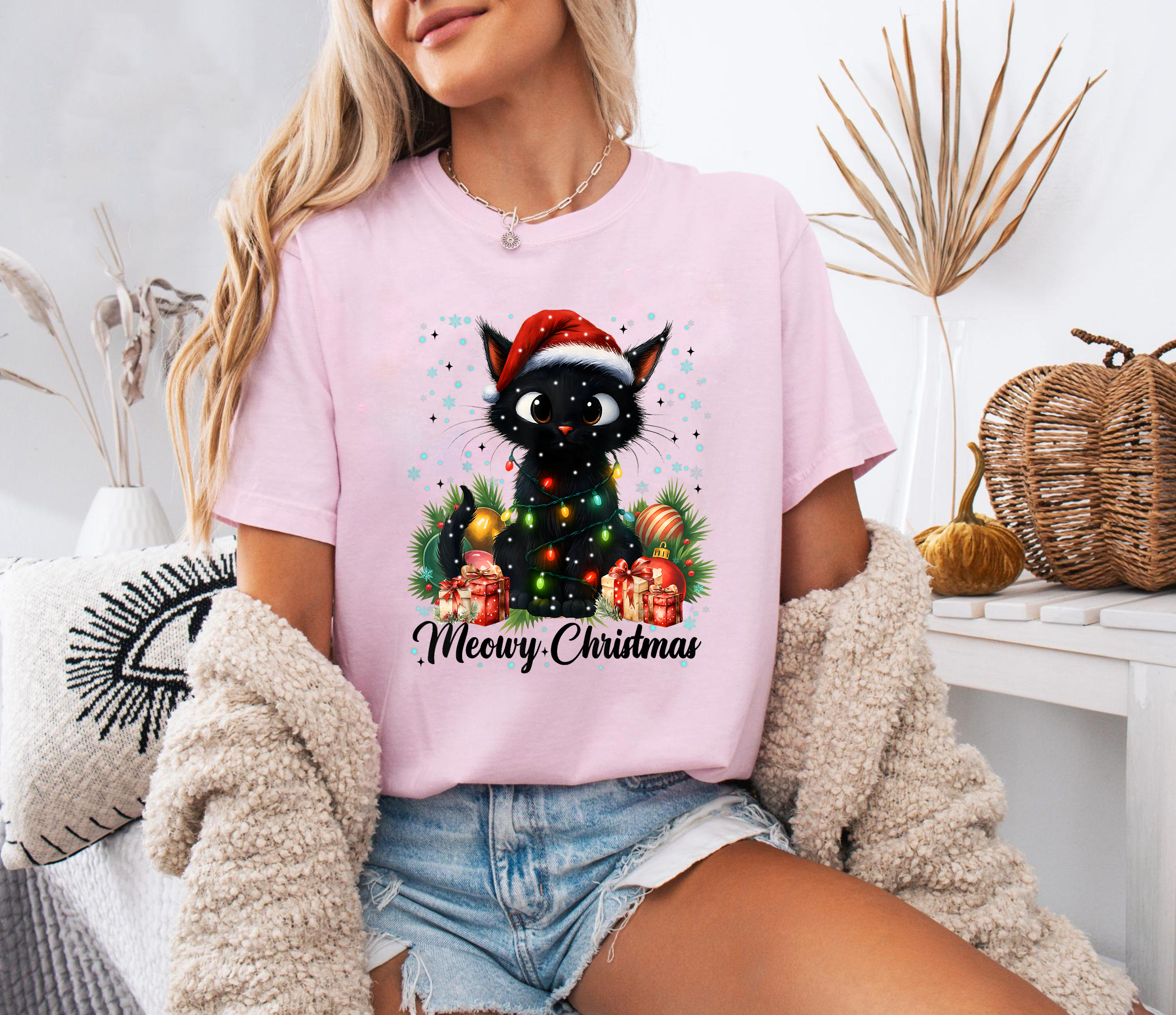 Meowy Christmas Shirt, Cute Black Cat Tee, Santa Hat Lights Top, Cat Lover Gift, Festive Holiday Outfit, Funny Xmas Cat Shirt