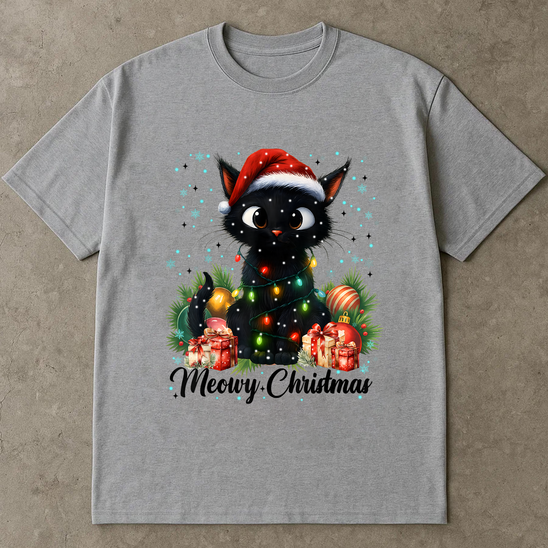Meowy Christmas Shirt, Cute Black Cat Tee, Santa Hat Lights Top, Cat Lover Gift, Festive Holiday Outfit, Funny Xmas Cat Shirt