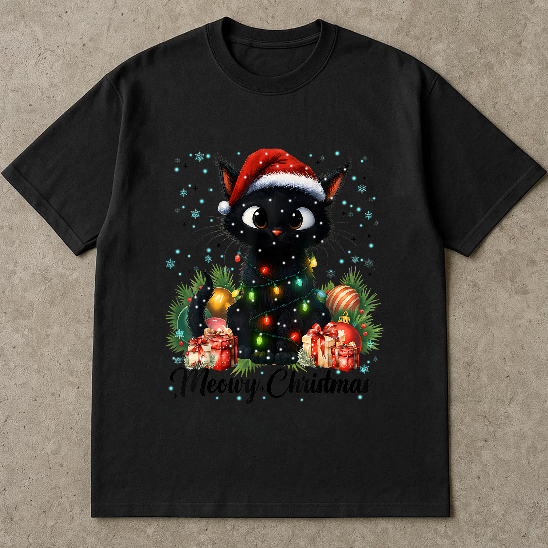 Meowy Christmas Shirt, Cute Black Cat Tee, Santa Hat Lights Top, Cat Lover Gift, Festive Holiday Outfit, Funny Xmas Cat Shirt