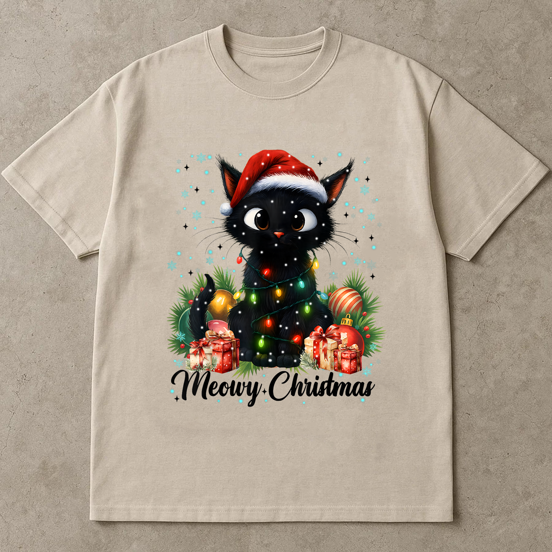 Meowy Christmas Shirt, Cute Black Cat Tee, Santa Hat Lights Top, Cat Lover Gift, Festive Holiday Outfit, Funny Xmas Cat Shirt