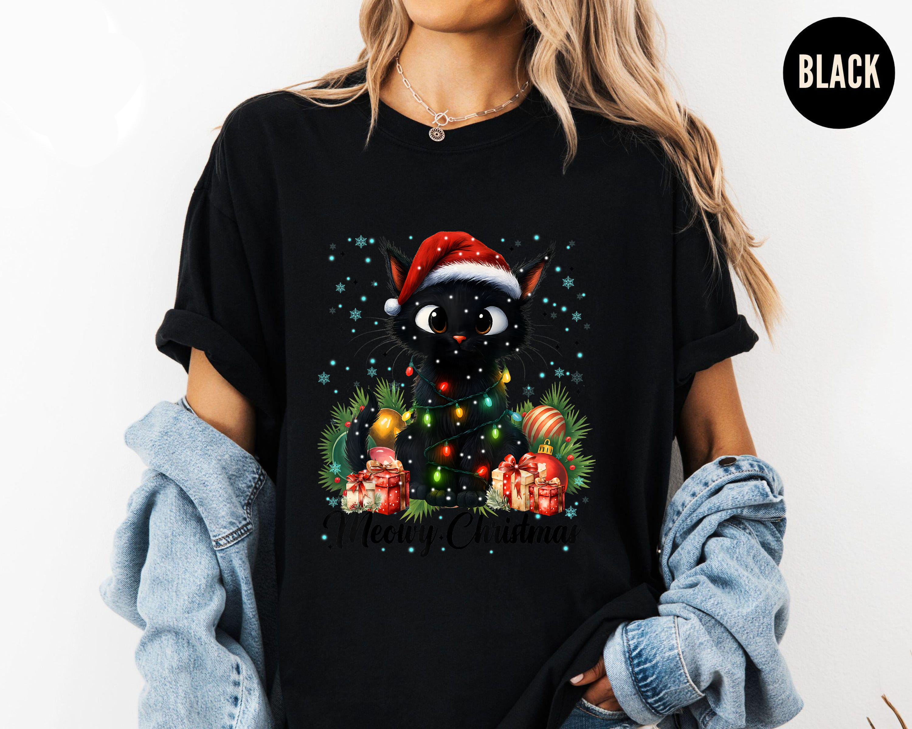 Meowy Christmas Shirt, Cute Black Cat Tee, Santa Hat Lights Top, Cat Lover Gift, Festive Holiday Outfit, Funny Xmas Cat Shirt