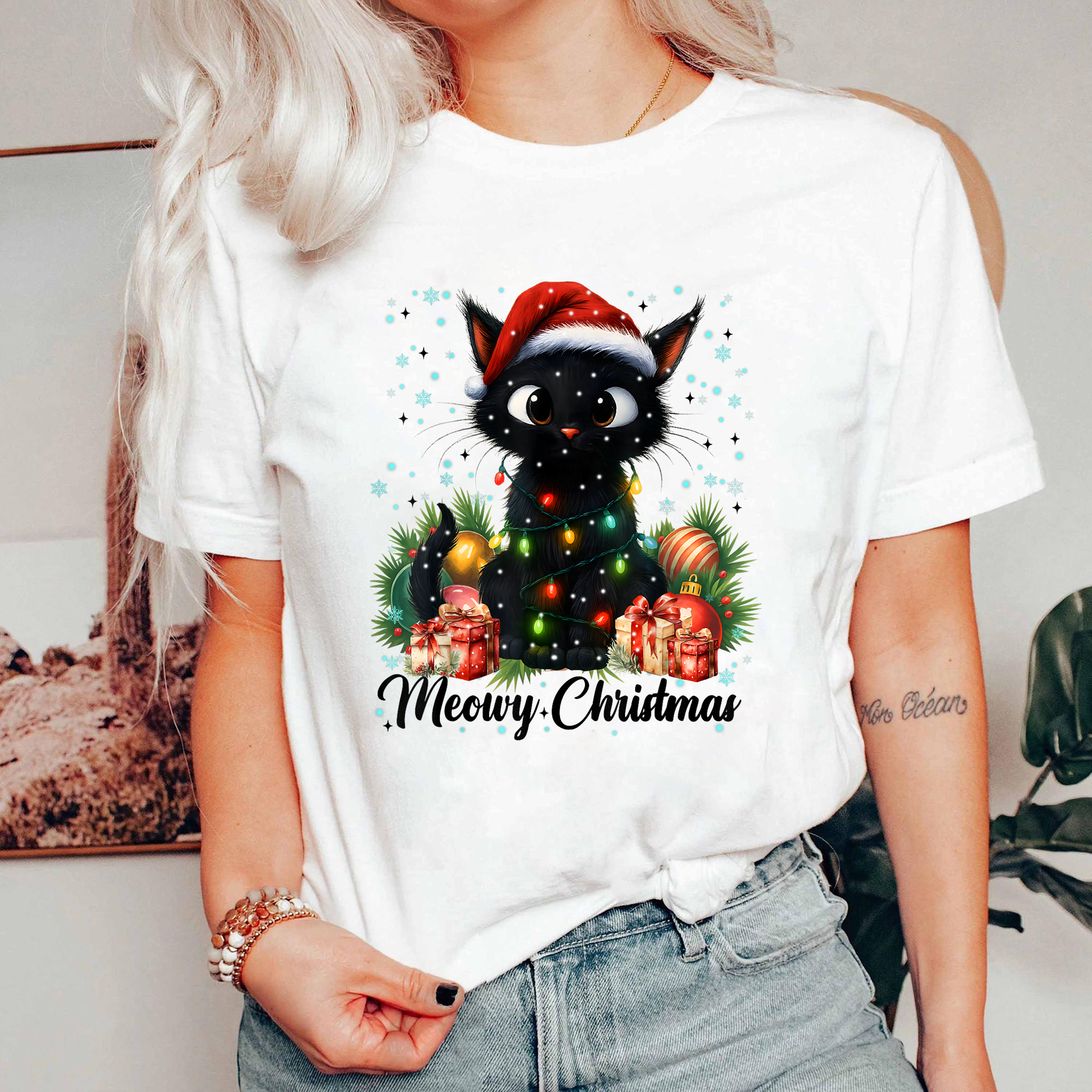 Meowy Christmas Shirt, Cute Black Cat Tee, Santa Hat Lights Top, Cat Lover Gift, Festive Holiday Outfit, Funny Xmas Cat Shirt