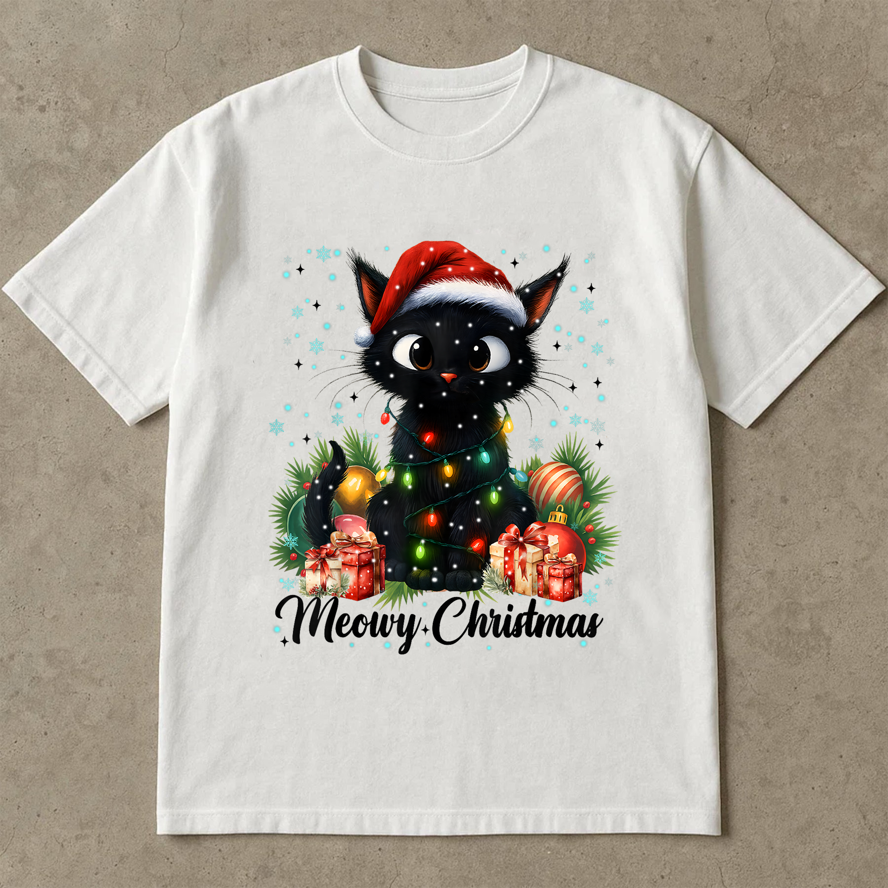 Meowy Christmas Shirt, Cute Black Cat Tee, Santa Hat Lights Top, Cat Lover Gift, Festive Holiday Outfit, Funny Xmas Cat Shirt