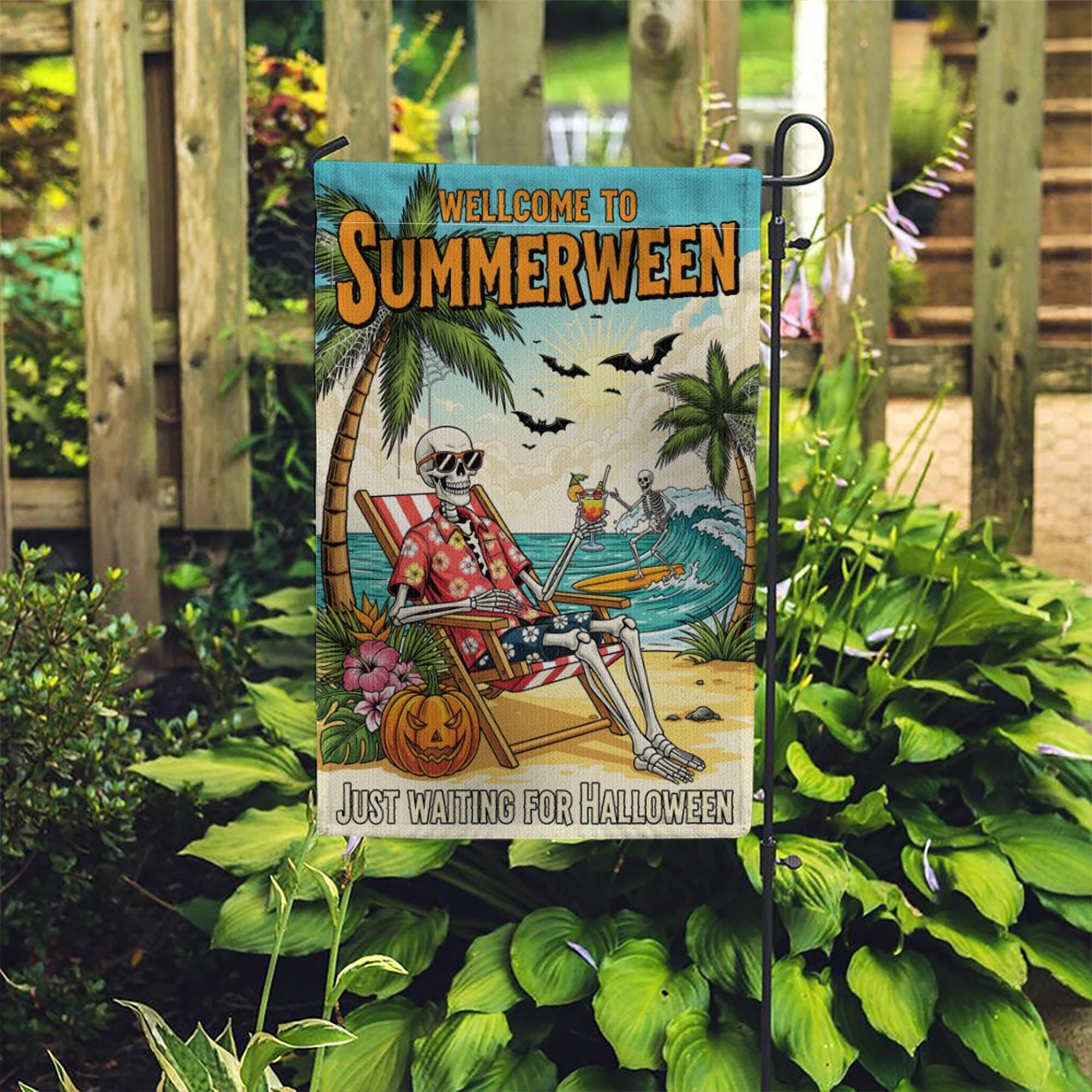 Personalized Halloween Flag, Summerween Garden Flag, Skeleton Beach Decor, Waiting for Halloween Gift