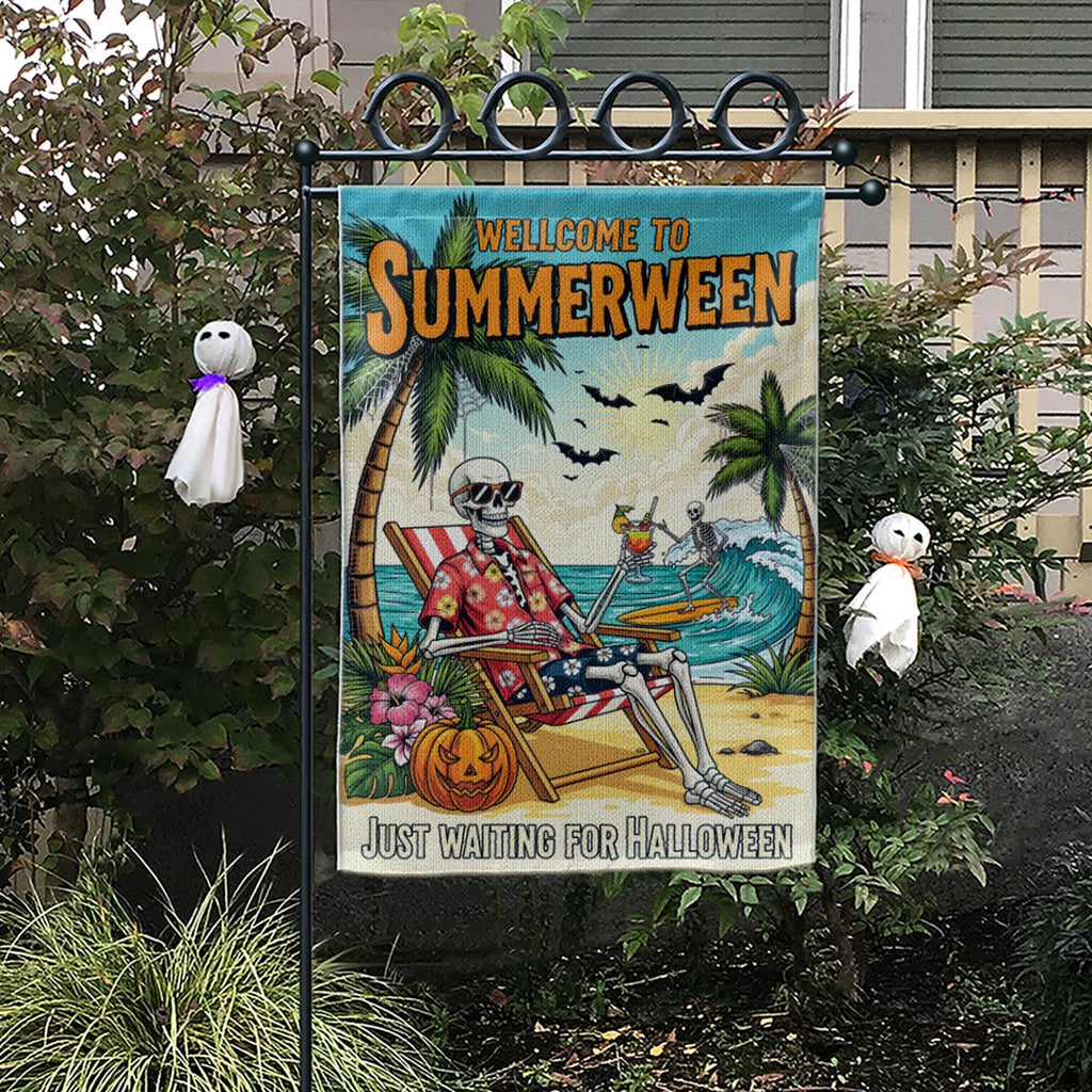 Personalized Halloween Flag, Summerween Garden Flag, Skeleton Beach Decor, Waiting for Halloween Gift