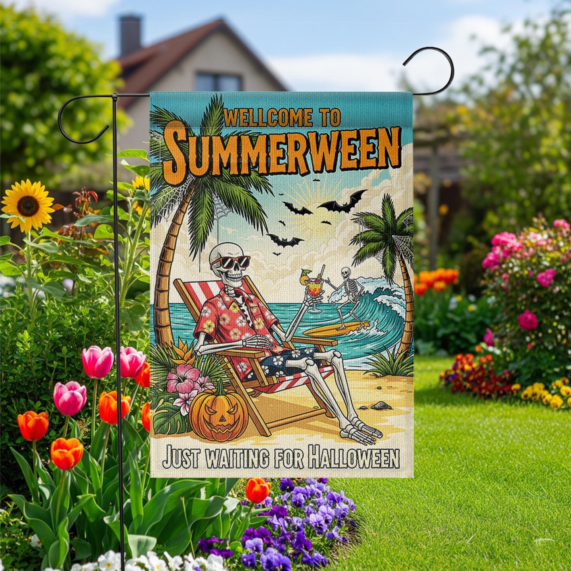 Personalized Halloween Flag, Summerween Garden Flag, Skeleton Beach Decor, Waiting for Halloween Gift