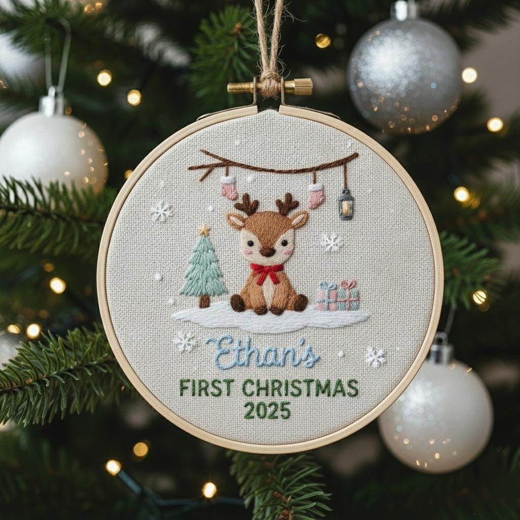Custom Reindeer Baby's First Christmas Hand Embroidered Ornament, Personalized Unique Gift for New Baby, 2025 Christmas Gift, Holiday Decor