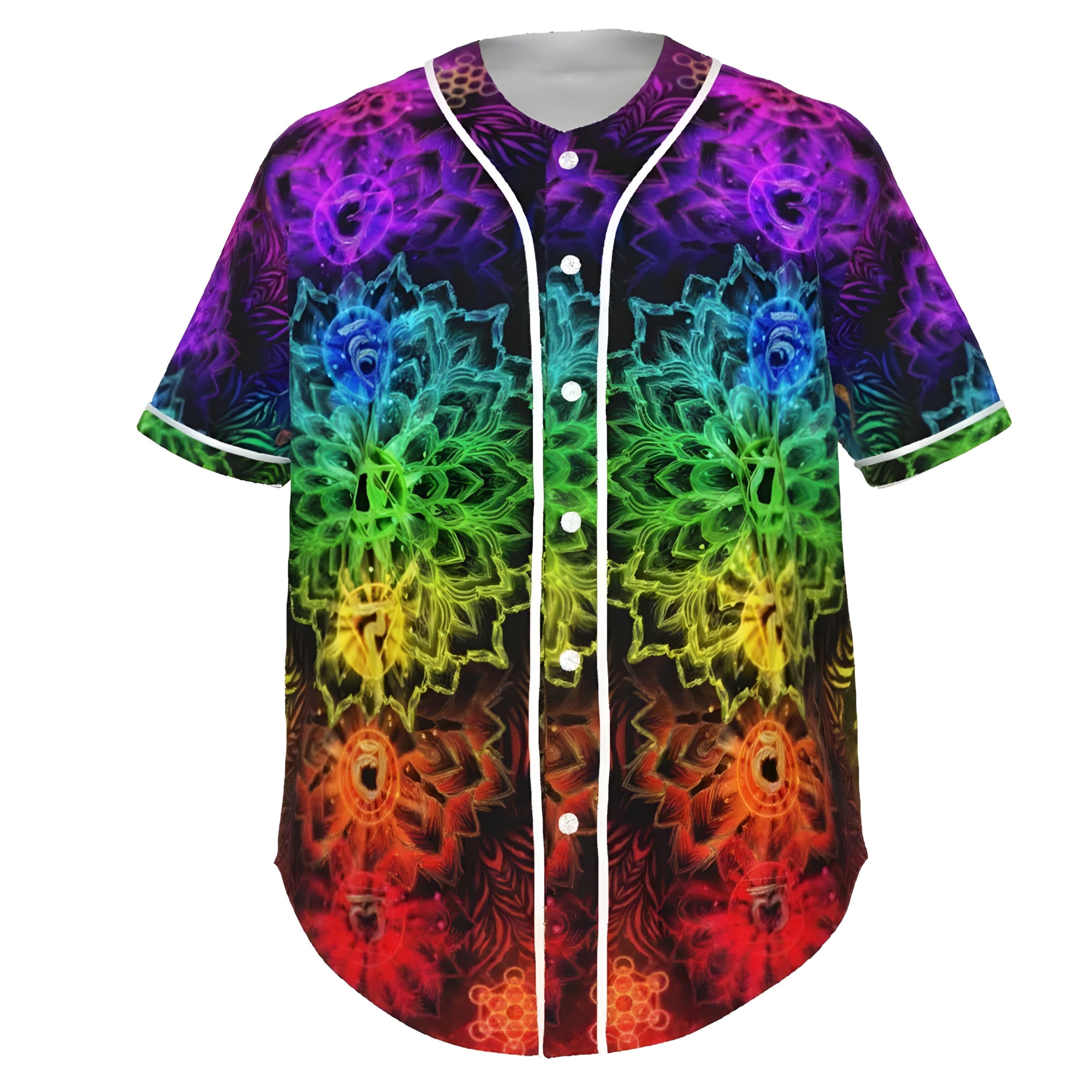 Sacred Chakras Baseball Shirt, Colorful Chakra Graphic Tee, Spiritual Festival Wear, Psychedelic Sportswear, Rainbow Shirt