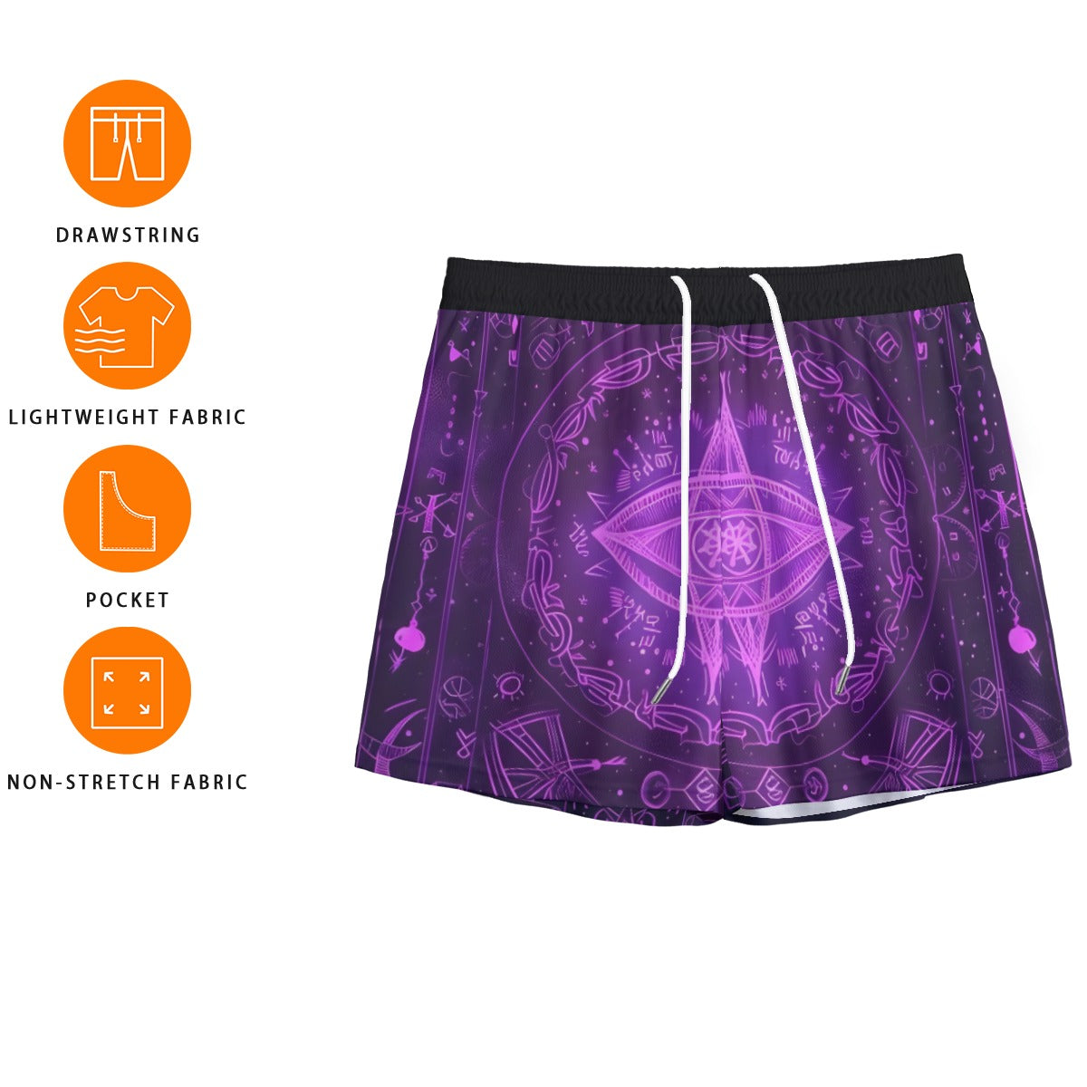 Mystical Fantasy Men's Shorts, Arcane Magic Symbol Shorts, Witchcore Celestial Light Shorts, Vibrant Occult Energy Shorts, Esoteric Purple Spell Shorts