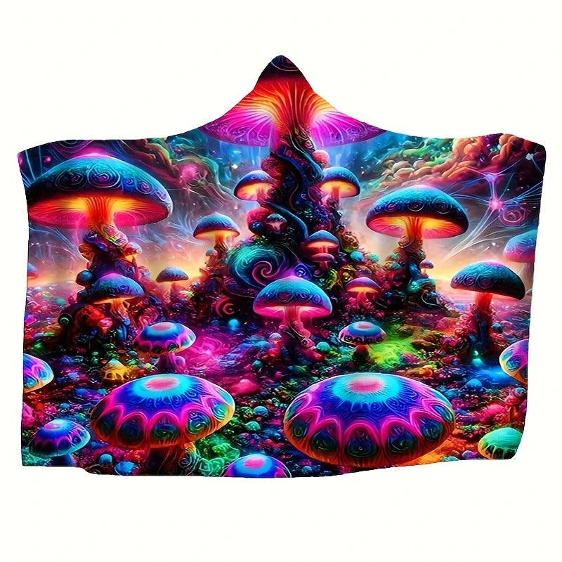 Mushroom Hooded Blanket, Psychedelic Neon Fungi Design, Cozy Vibrant Throw Blanket, Perfect Gift for Nature and Fantasy Lovers. BLKAC58