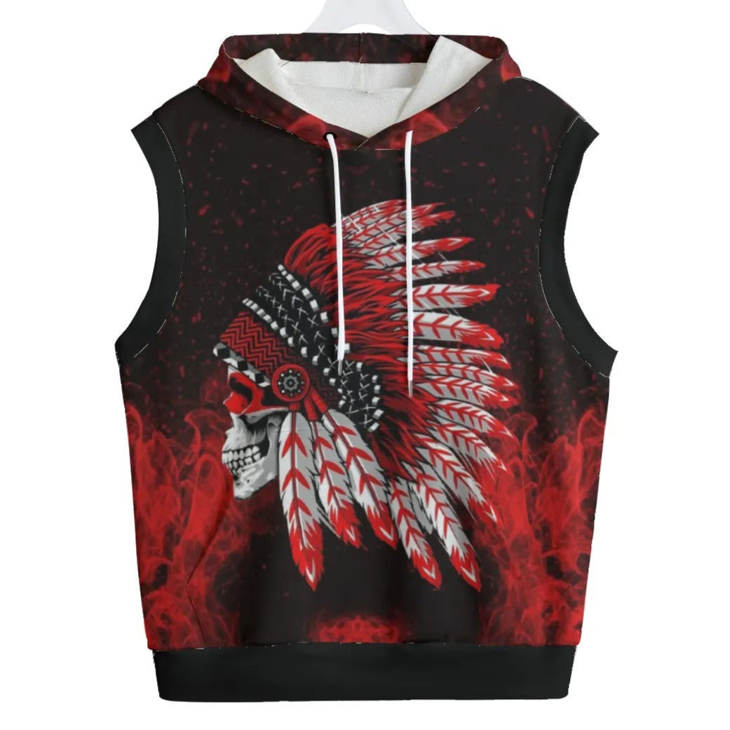 Native American Skull Sleeveless Hoodie, Red Feather Headdress Pullover, Tribal Gothic Muscle Hoodie, Red Smoke Graphic Top, Warrior Biker Style