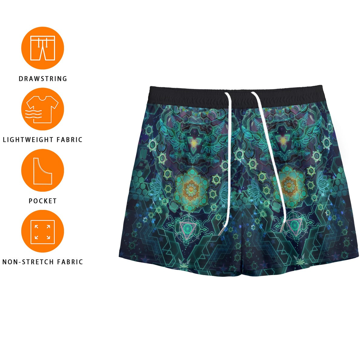 Yantric Geometry Men's Shorts, Sacred Mandala Energy Shorts, Mystic Geometric Light Shorts, Vibrant Spiritual Pattern Shorts, Celestial Yantra Shorts