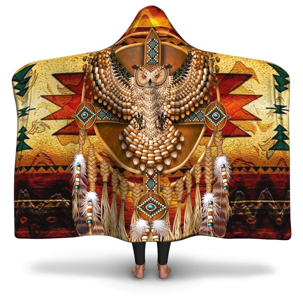 Native American Hooded Blanket with Tribal Owl Design, Warm Cozy Blanket with Feathers and Beads, Southwestern Style Throw, Perfect Gift. BLKAC46