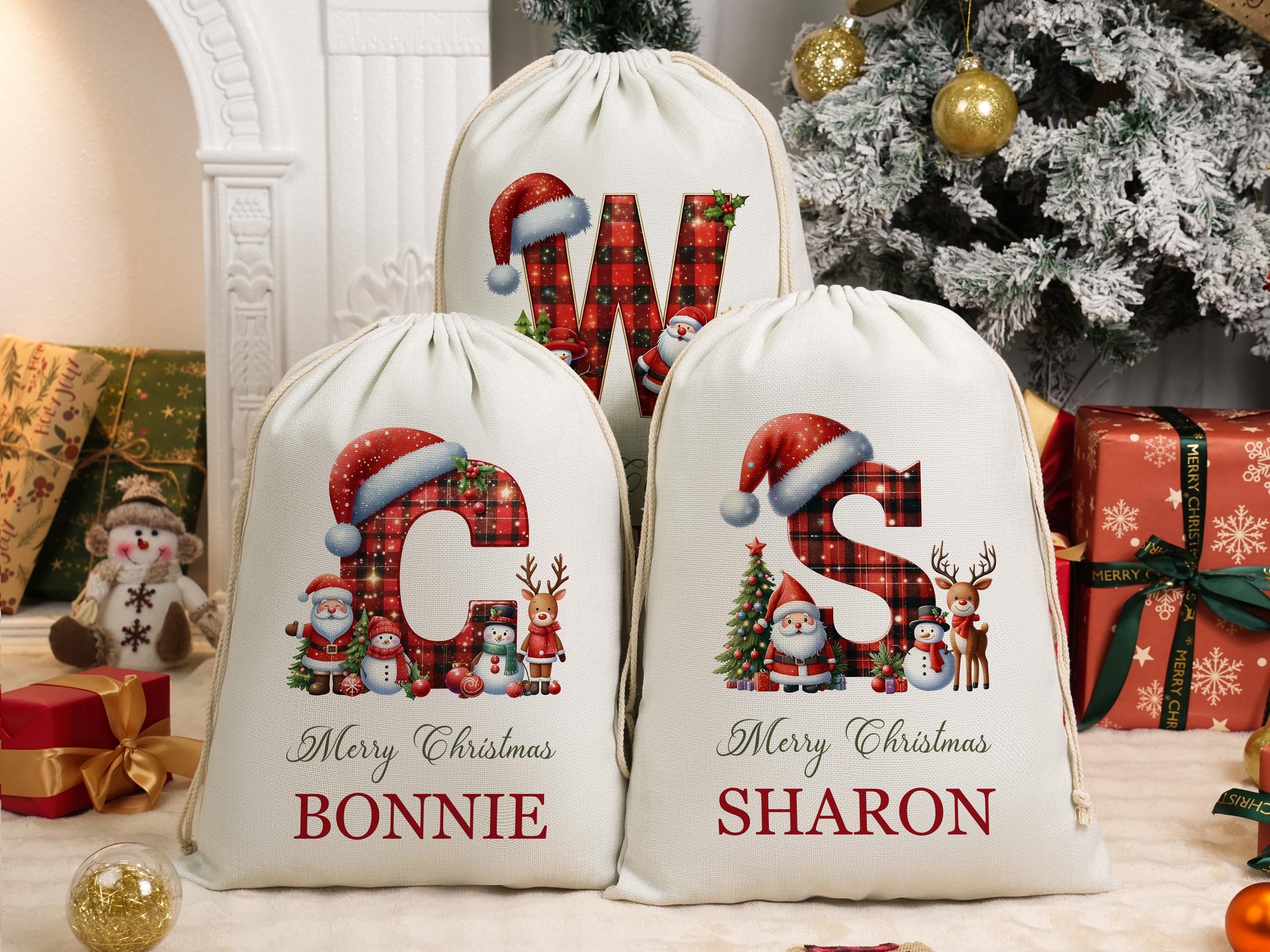 Custom Christmas Gift Bag, Personalized Santa Sack, Large Xmas Gift Bag with Initial Letter & Name, Holiday Present Bag for Kids & Family