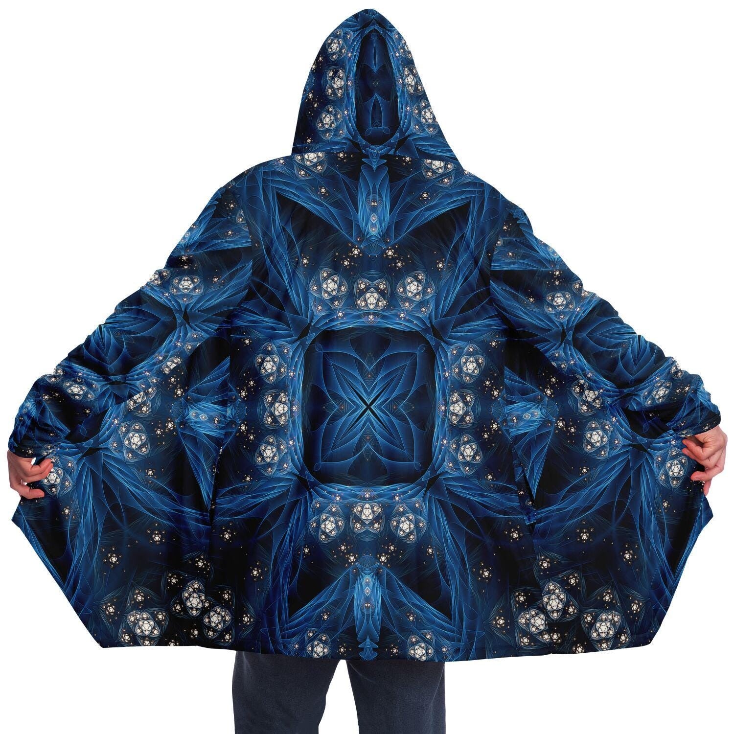 Dark Fractal Mandala HOODED CLOAK, Blue Festival Hoodie, Rave Jacket, Festival Coat, Wizard Robe, Burning Man, Witch Cloak
