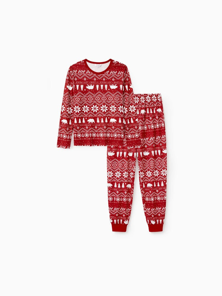 Family Matching Christmas Pajamas Set, Red Polar Bear Snowflake Print Holiday Sleepwear, Festive Xmas PJs for Kids and Adults