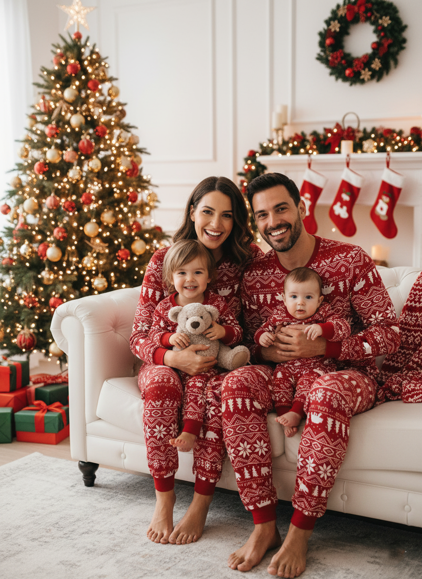 Family Matching Christmas Pajamas Set, Red Polar Bear Snowflake Print Holiday Sleepwear, Festive Xmas PJs for Kids and Adults