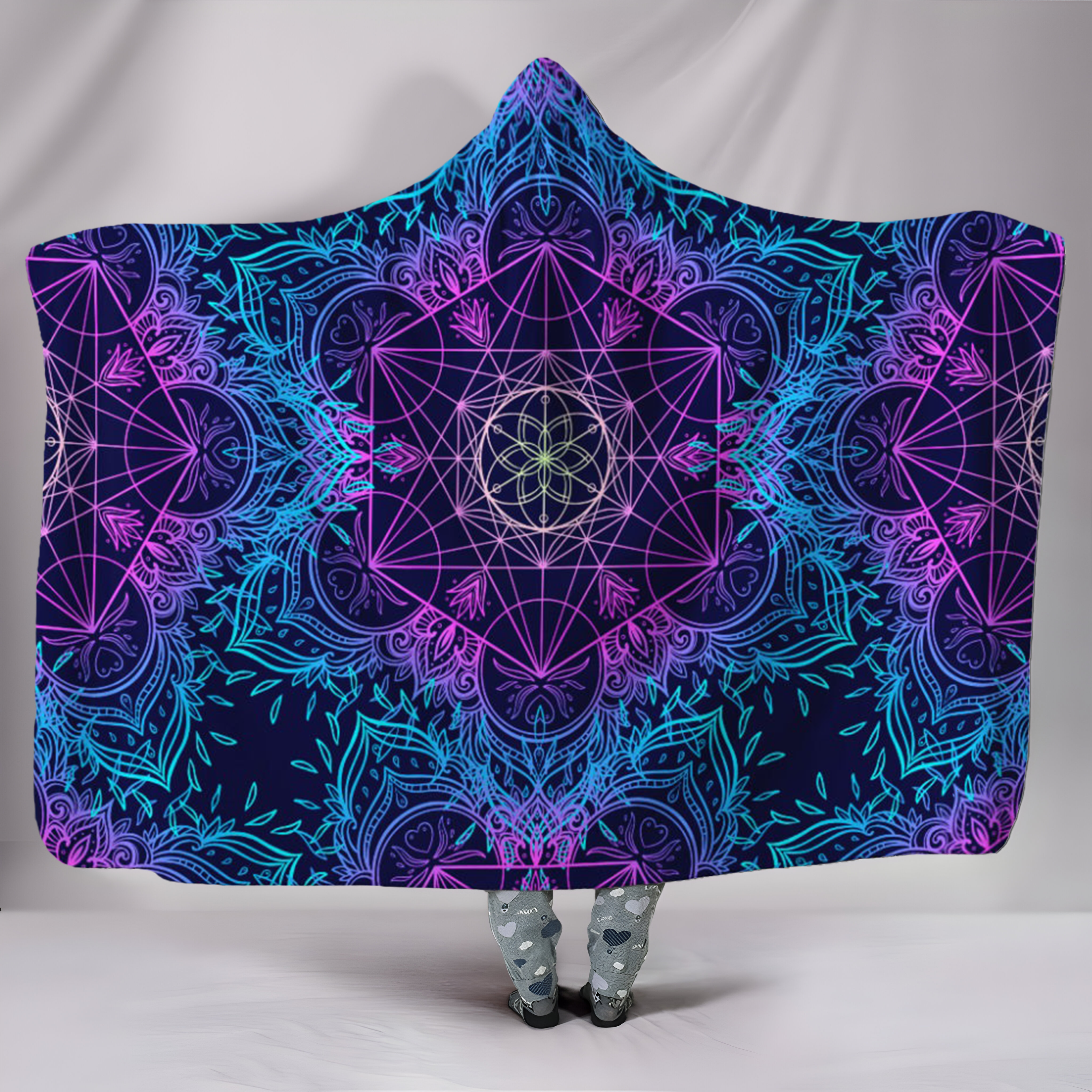 Sacred Geometry Mandala Hooded Blanket – Psychedelic Boho Wearable Throw, Spiritual Cozy Gift for Yoga, Meditation, Festival Lovers. BLKAC03
