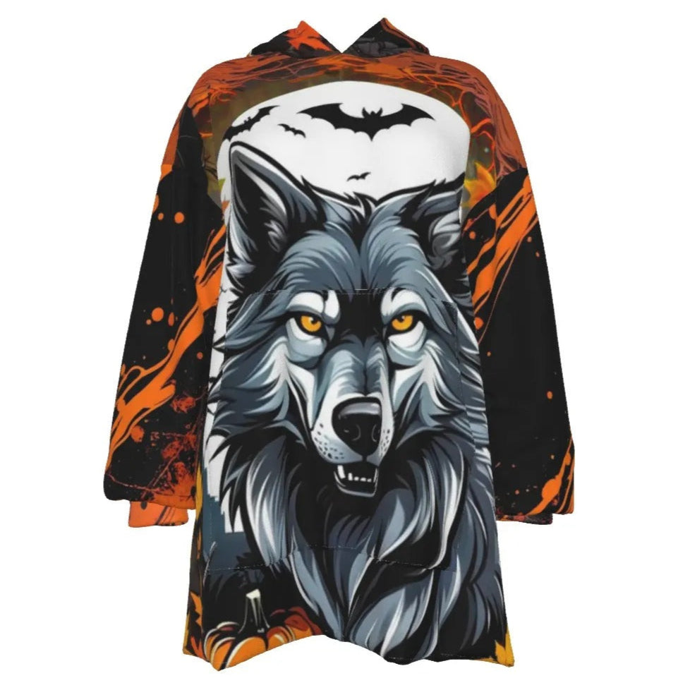 Howling Halloween Costumes Night Wolf Sherpa Fleece Hoodie, Spooky Pumpkin Bat Cozy Essentials Hoodie, Gothic Halloween Warm Wear, Halloween Horror Nights