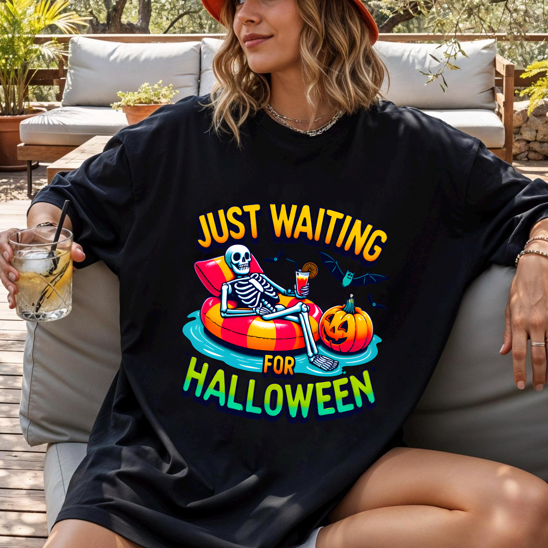 Just Waiting for Halloween Shirt, Spooky Skeleton Summer Halloween T-Shirt
