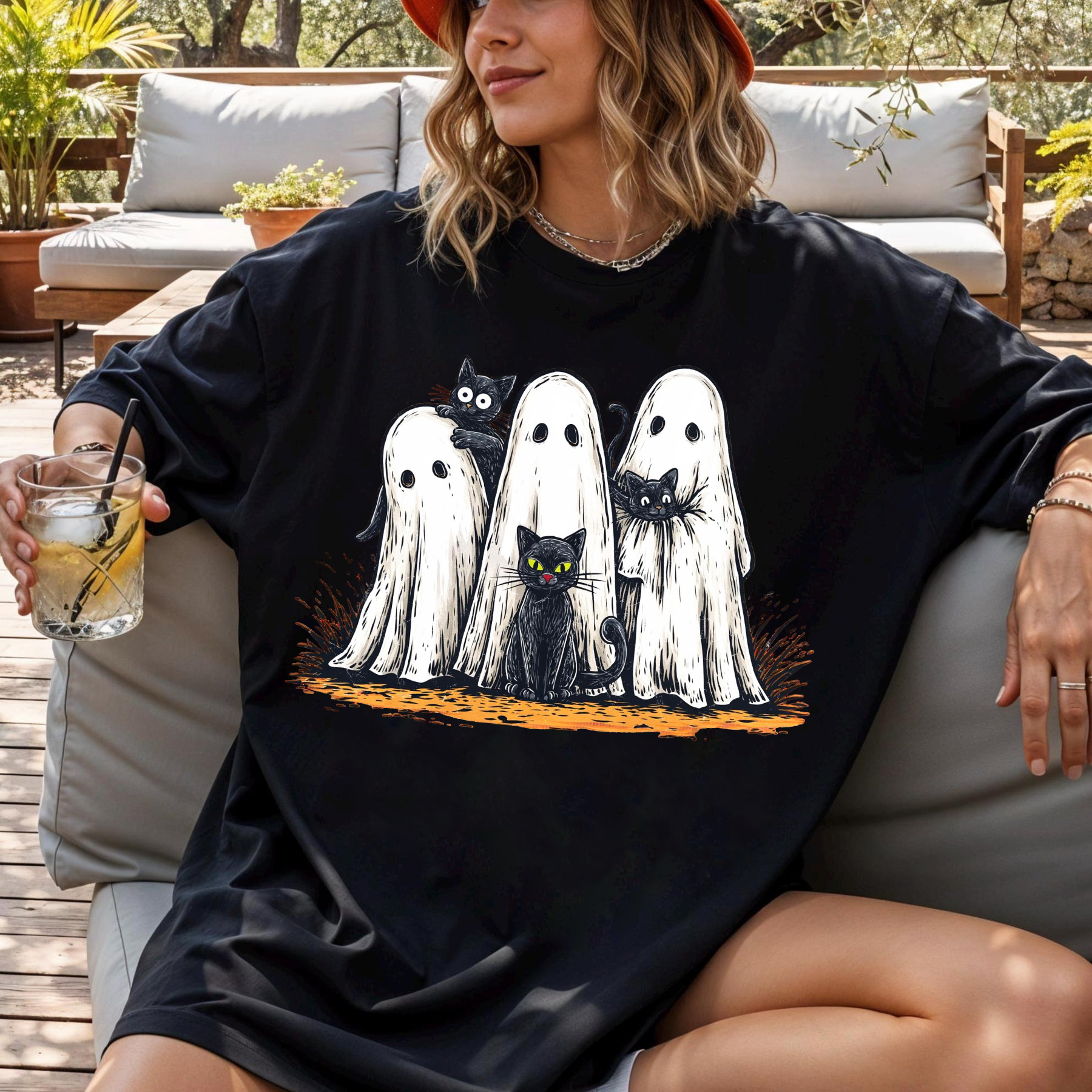 Retro Halloween Ghost and Cat Shirt, Spooky Ghost Tee, Preppy Floral Halloween Shirt, Boo Halloween Shirt, Funny Halloween Shirt, Black Cat Shirt