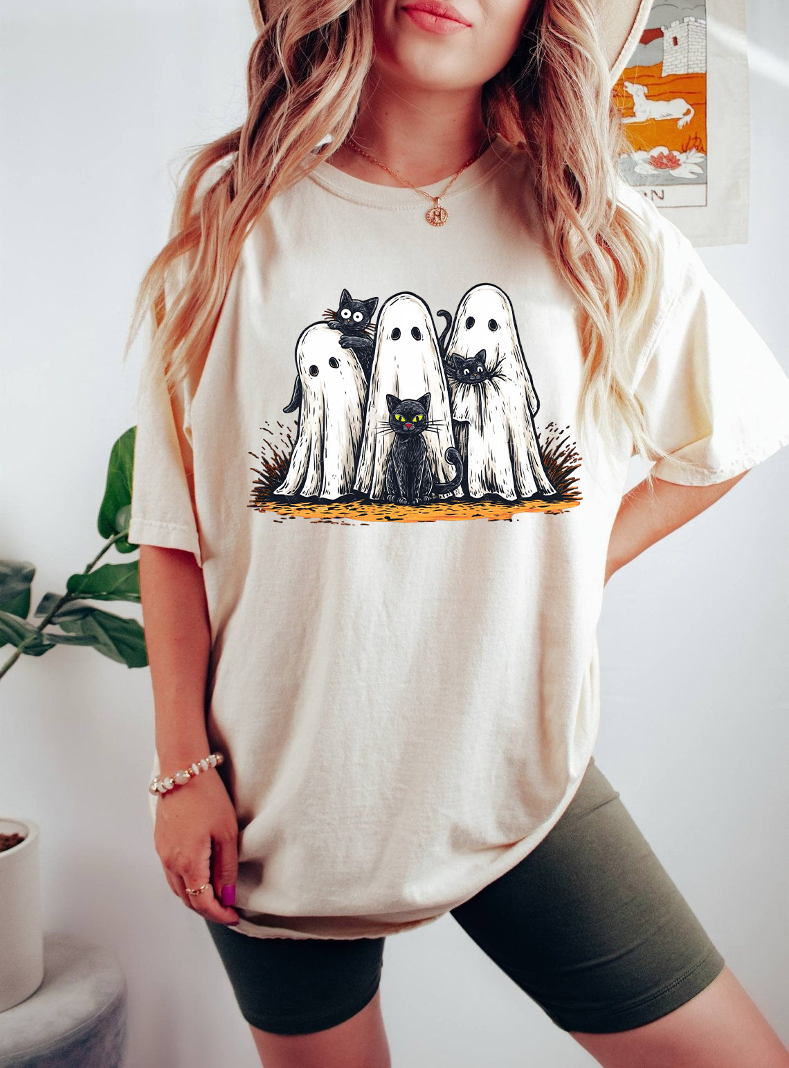 Retro Halloween Ghost and Cat Shirt, Spooky Ghost Tee, Preppy Floral Halloween Shirt, Boo Halloween Shirt, Funny Halloween Shirt, Black Cat Shirt