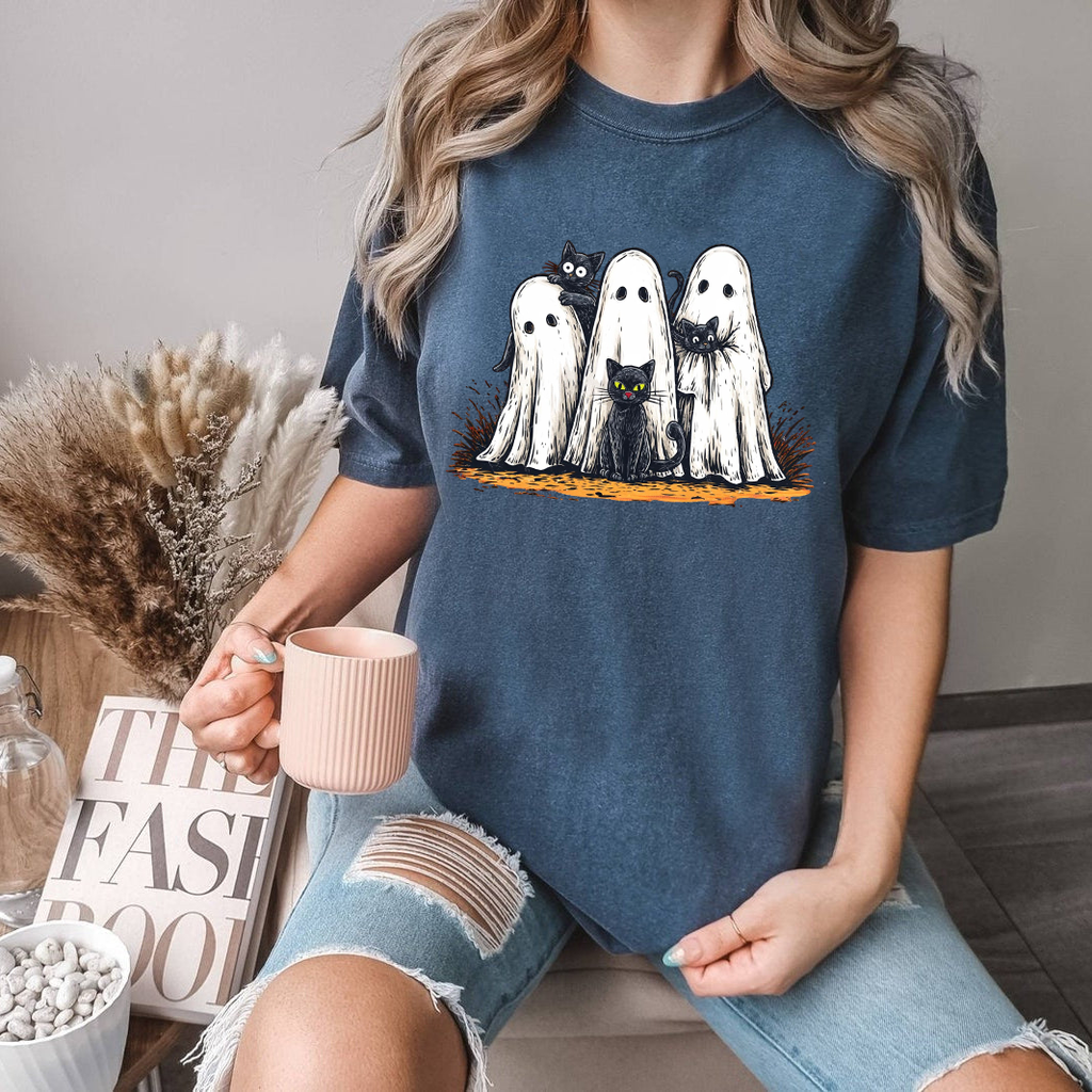 Retro Halloween Ghost and Cat Shirt, Spooky Ghost Tee, Preppy Floral Halloween Shirt, Boo Halloween Shirt, Funny Halloween Shirt, Black Cat Shirt