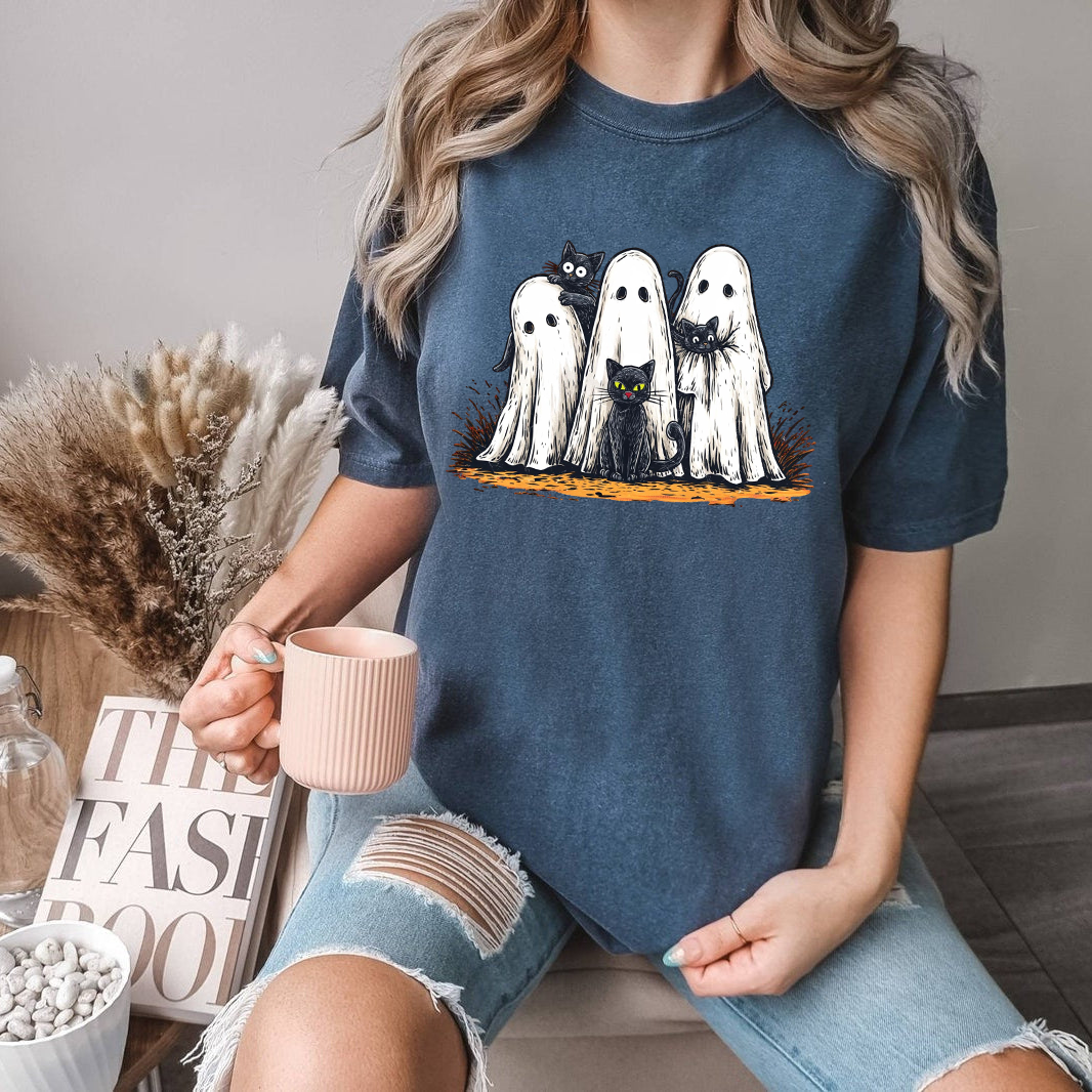 Retro Halloween Ghost and Cat Shirt, Spooky Ghost Tee, Preppy Floral Halloween Shirt, Boo Halloween Shirt, Funny Halloween Shirt, Black Cat Shirt