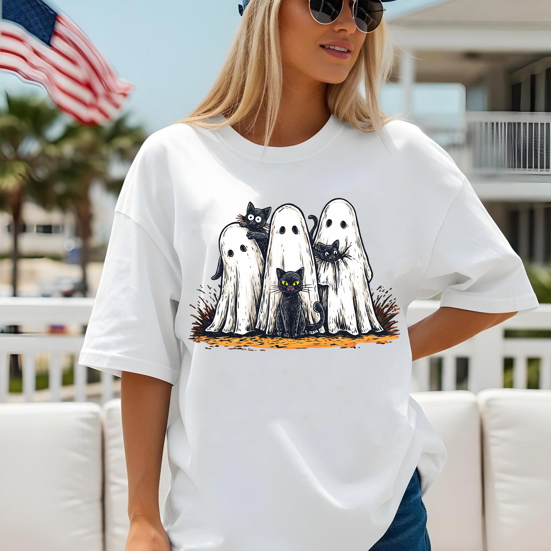 Retro Halloween Ghost and Cat Shirt, Spooky Ghost Tee, Preppy Floral Halloween Shirt, Boo Halloween Shirt, Funny Halloween Shirt, Black Cat Shirt