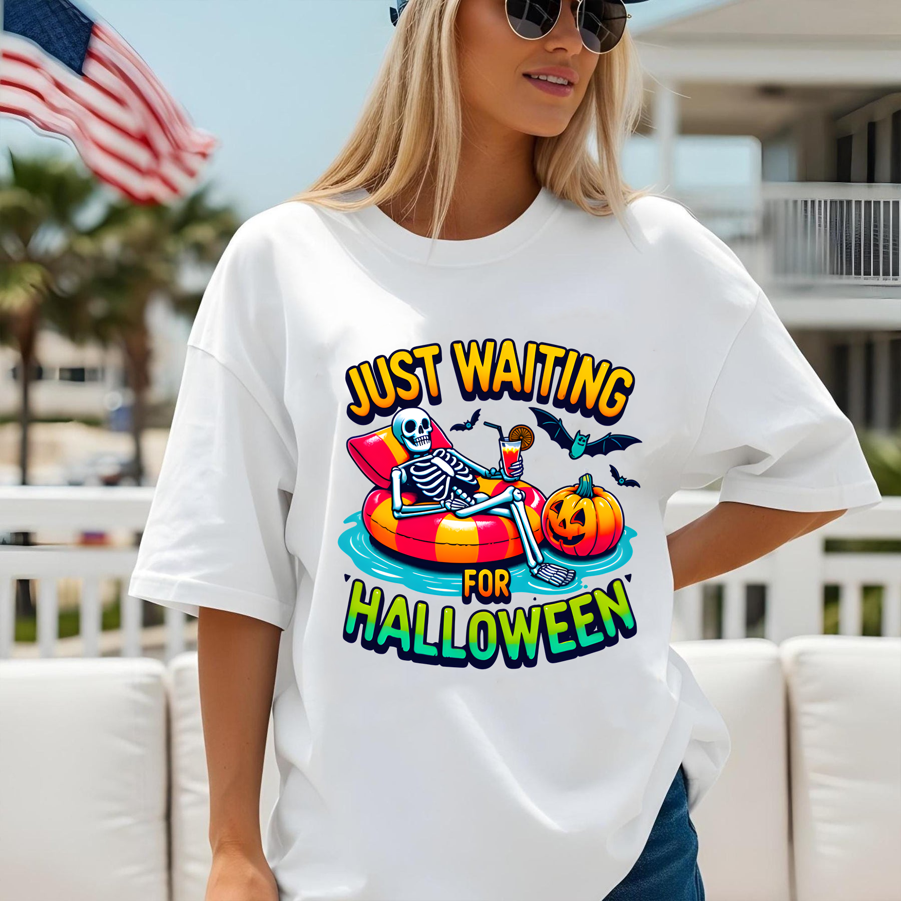 Just Waiting for Halloween Shirt, Spooky Skeleton Summer Halloween T-Shirt