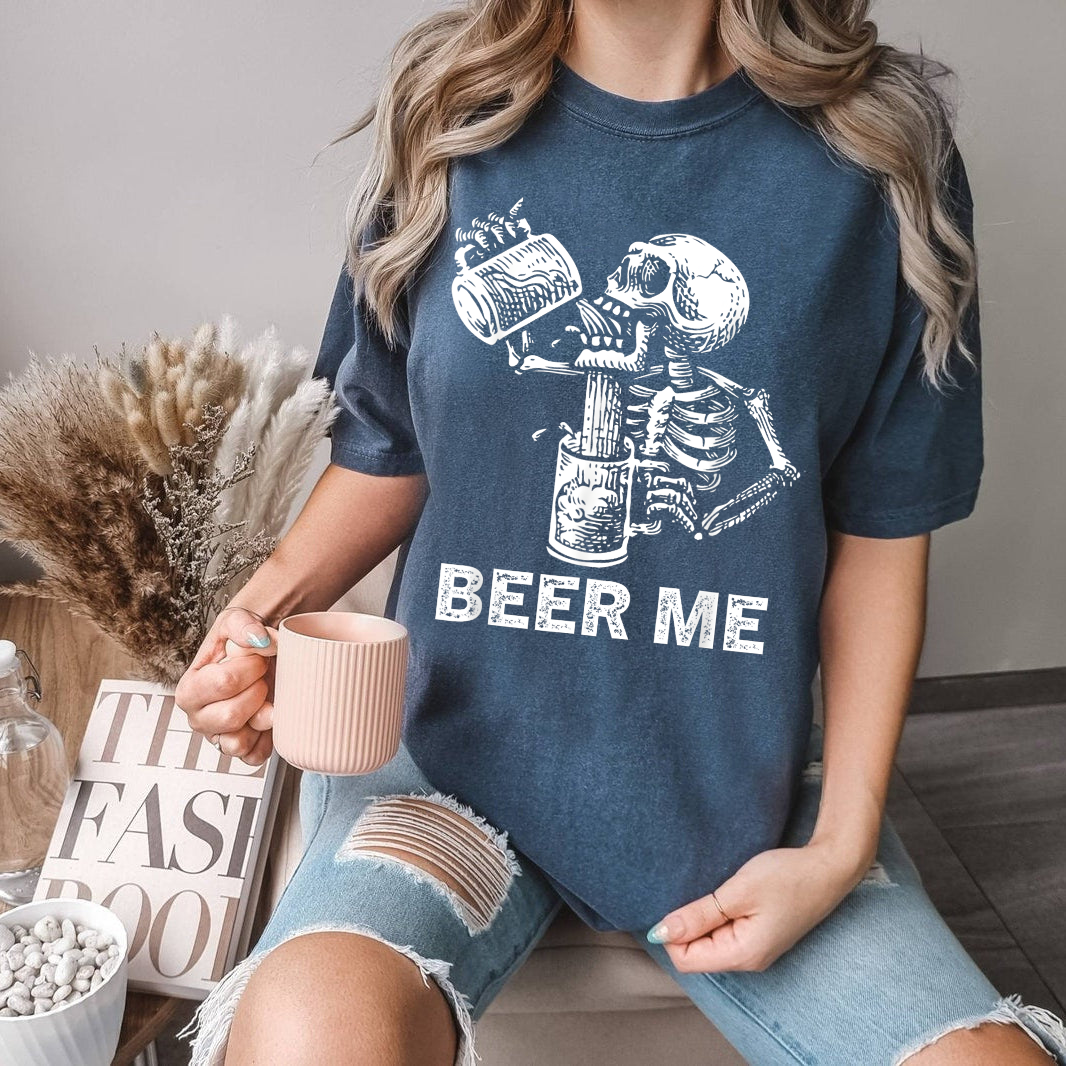 Beer Me Skeleton Shirt, Funny Drinking Halloween T-Shirt, Vintage Skeleton Beer Lover Tee, Spooky Party Graphic Shirt Unisex