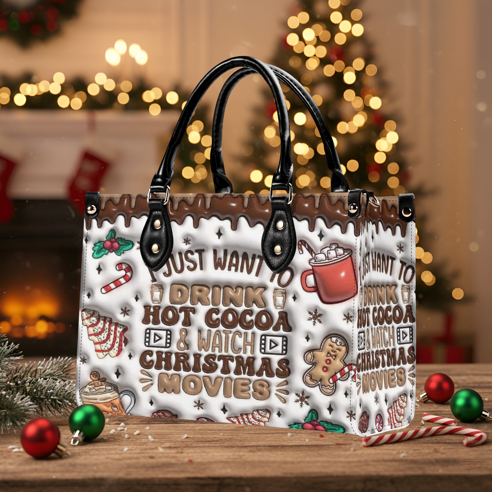 Hot Cocoa Christmas Handbag, Holiday Movies Tote Bag, Cute Gingerbread and Candy Print Purse, Festive Gift for Women