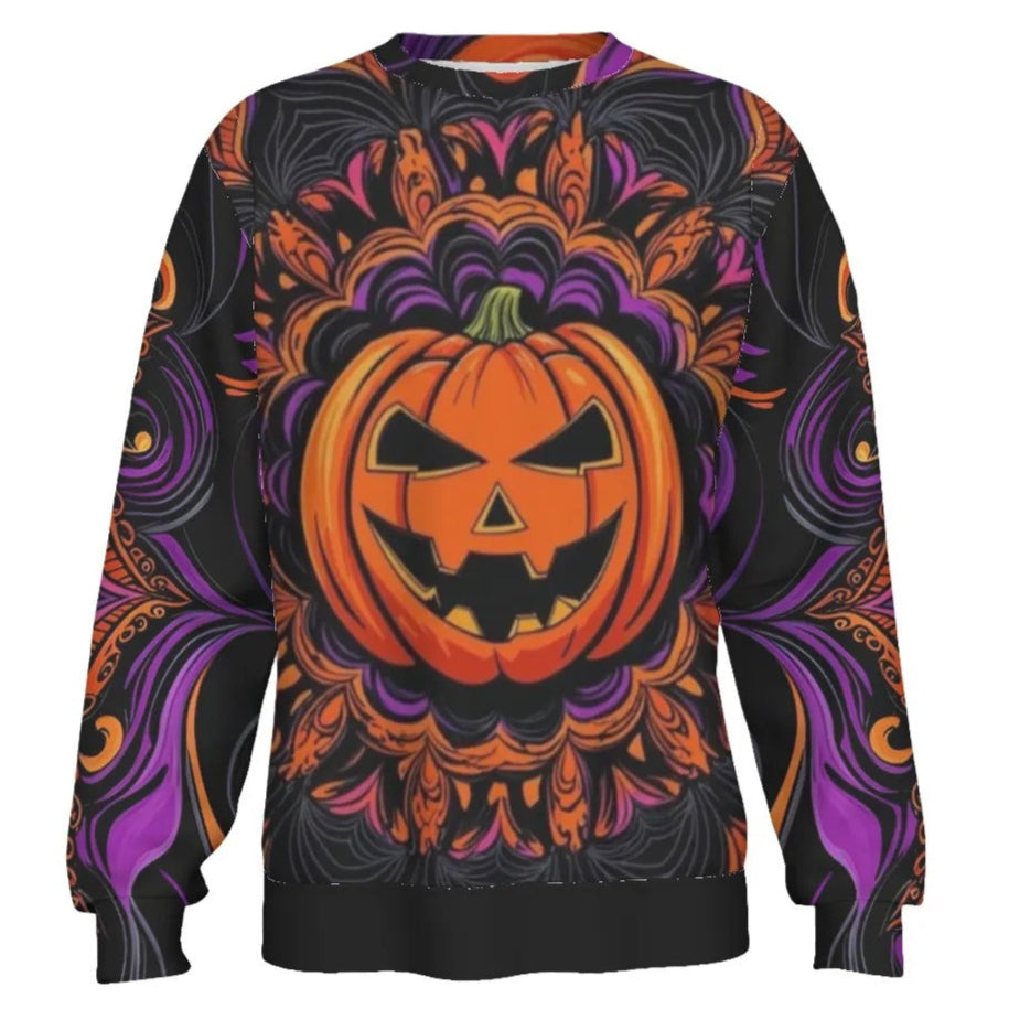 Pumpkin Mandala Magic Sweater, Halloween Jack-o’-Lantern Knitwear, Spooky Mandala Art Pullover, Gothic Fall Fashion