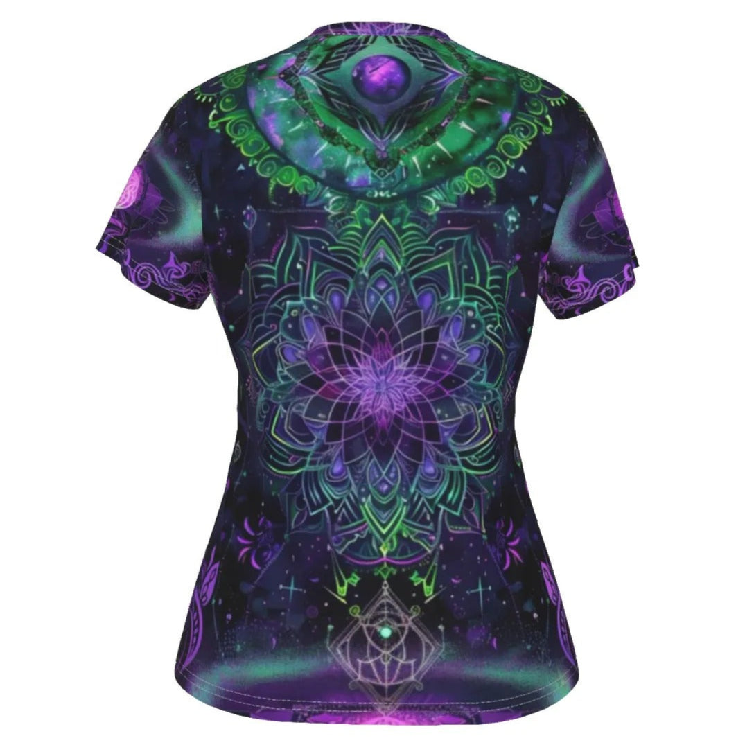 Mystic Aesthetic V Neck Shirt, Sacred Geometry Top, Purple Green Mandala Tee, Psychedelic Festival Shirt, Boho Spiritual Clothing, Cosmic Art Apparel, Yoga Meditation Wear