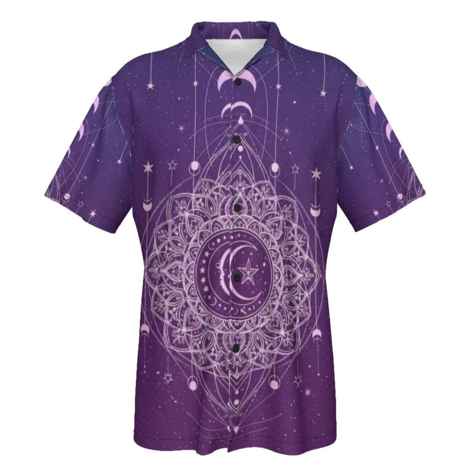Mystic Lunar Mandala Hawaiian Shirt, Moon Phase Spiritual Aloha Shirt, Celestial Lotus Print Top, Sacred Geometry Cosmic Wear, Boho Mystic Style