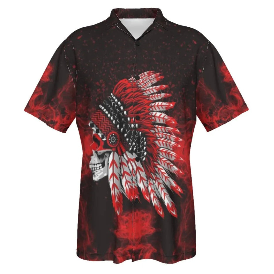 Native American Skull Hawaiian Shirt, Red Feather Headdress Aloha Shirt, Tribal Gothic Summer Wear, Red Smoke Graphic Top, Warrior Biker Style